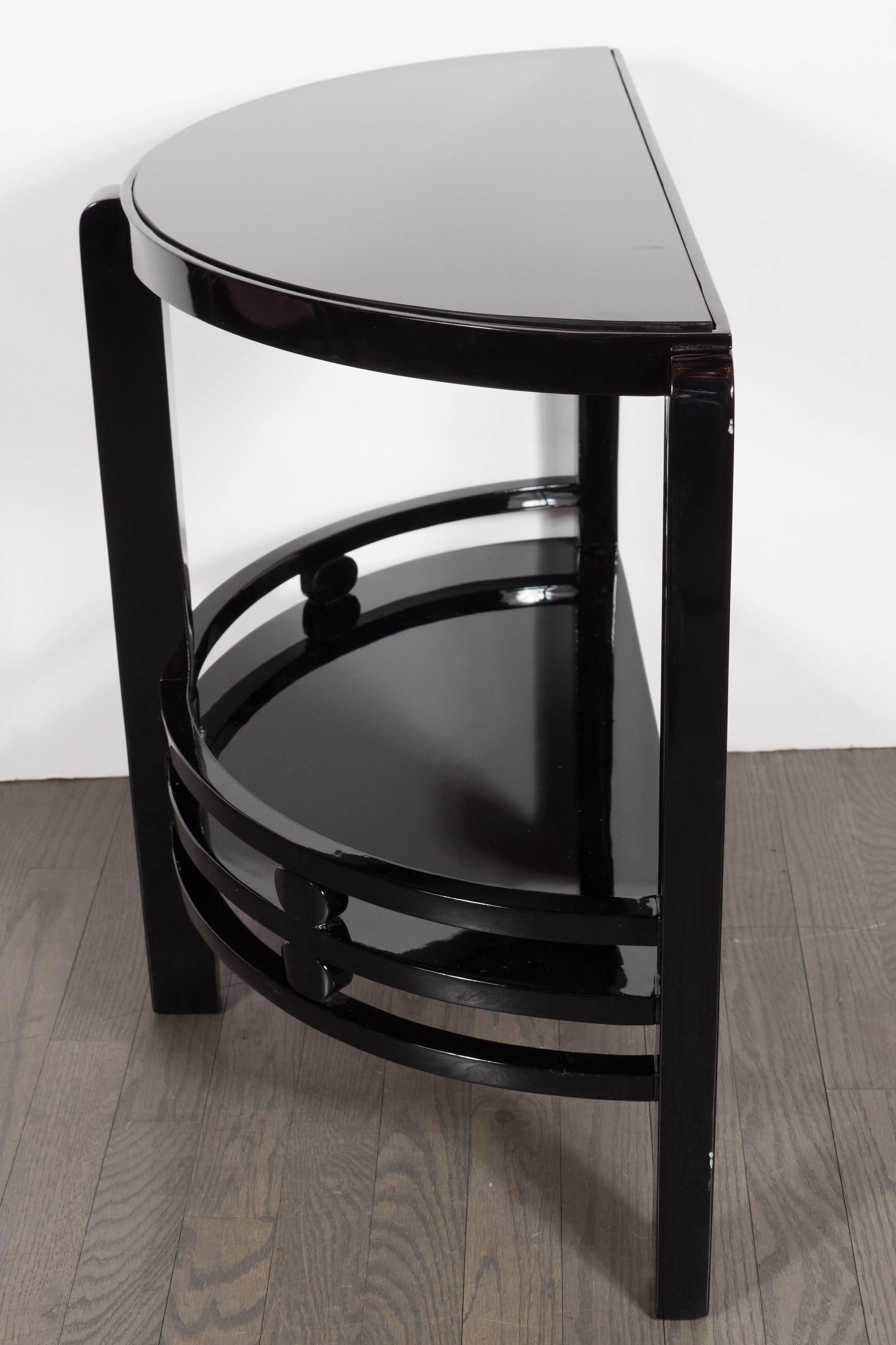 Art Deco Two-Tier Demilune End/Side Table in Black Lacquer with Vitrolite Top 1