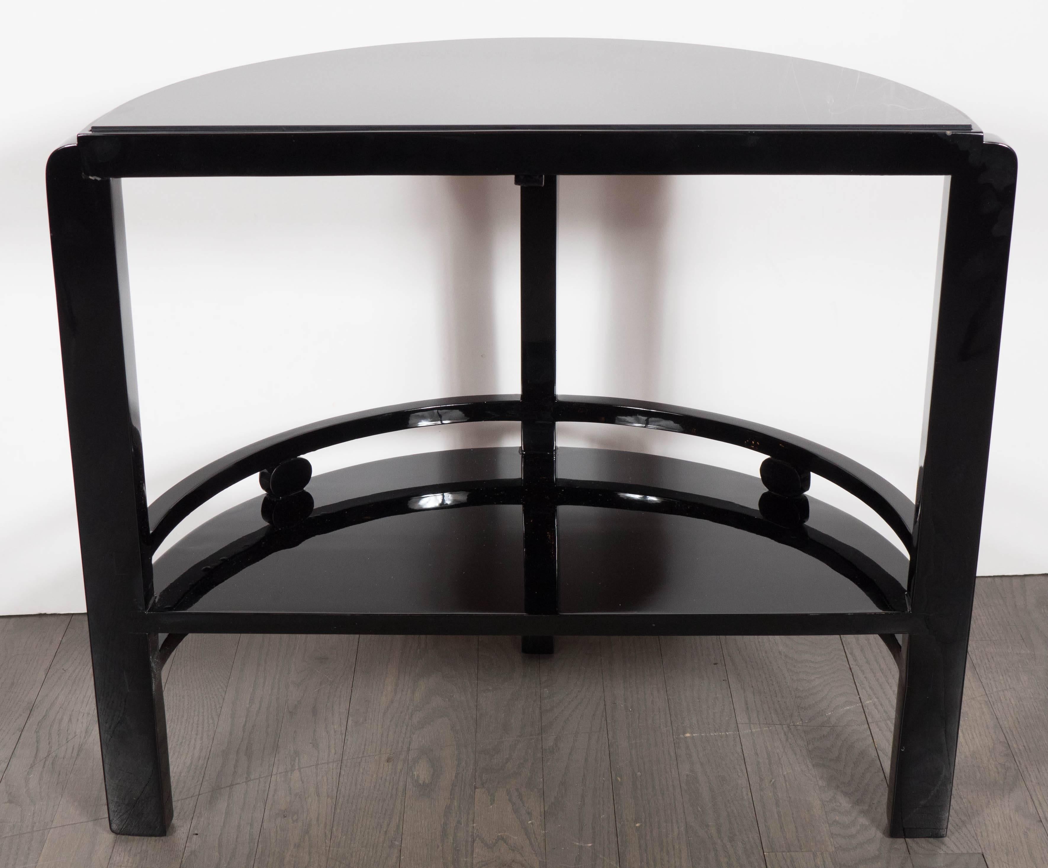 Art Deco Two-Tier Demilune End/Side Table in Black Lacquer with Vitrolite Top 2