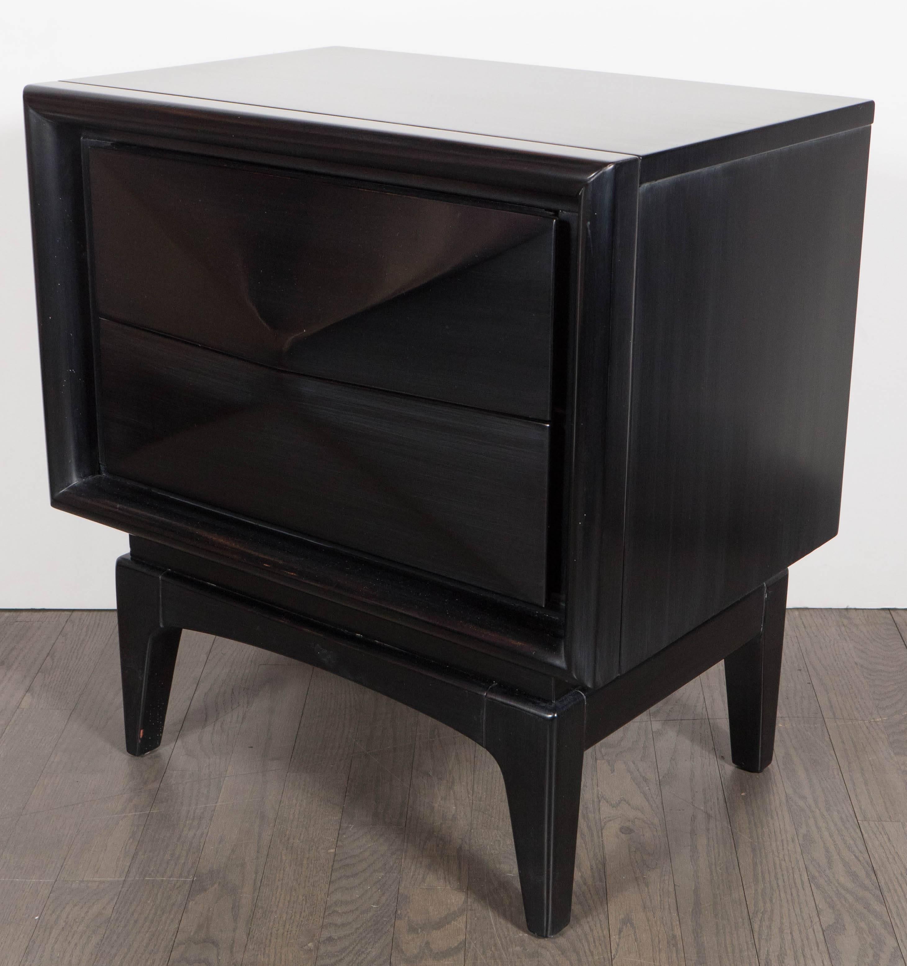 Ebonized Pair of Mid-Century Modernist Cubist Nightstands with Angular Fronted Drawers