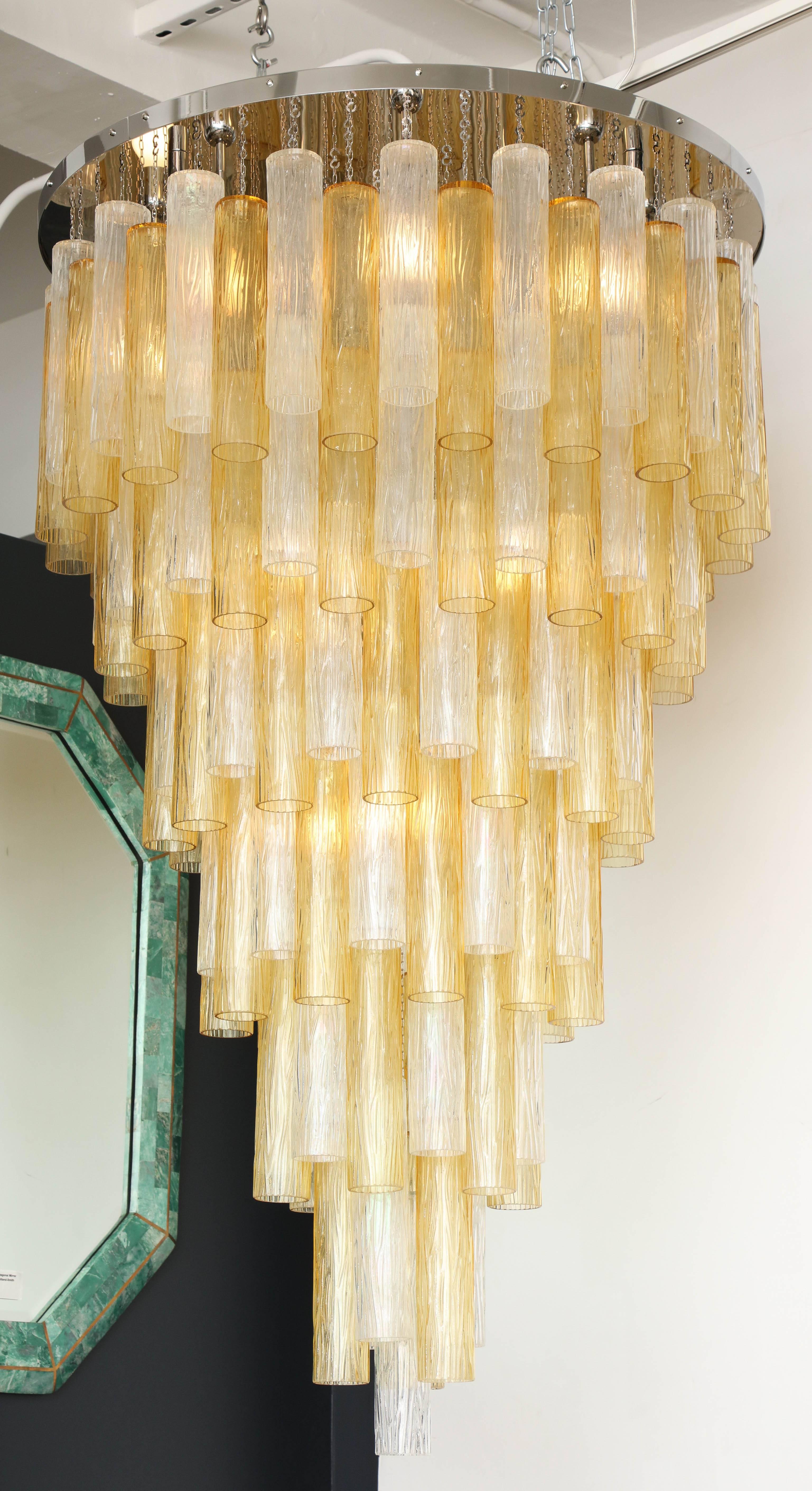 Clear and Gold Tiered Murano Glass and Chrome Flush Mount Chandelier, Italy In New Condition For Sale In New York, NY