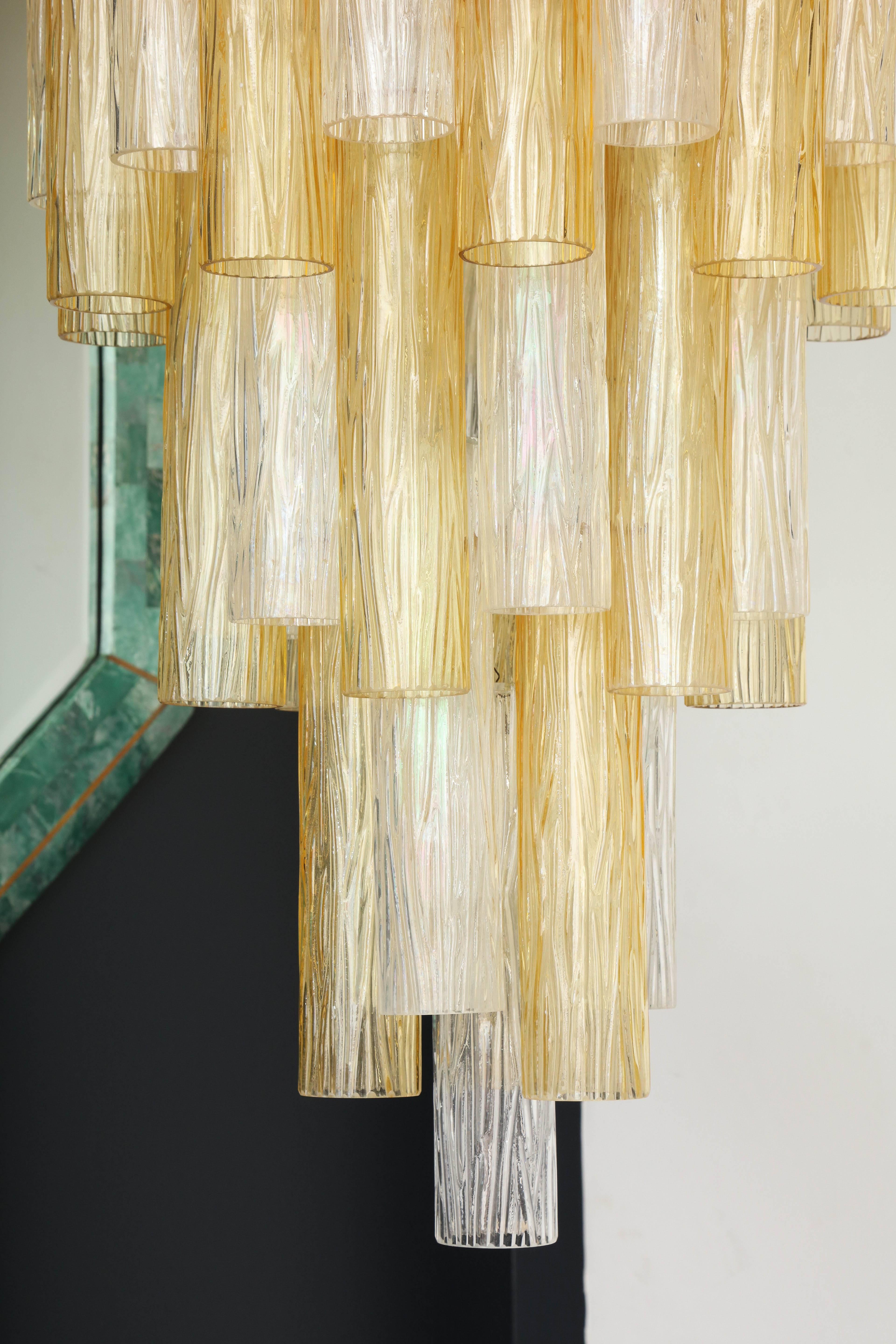 Contemporary Clear and Gold Tiered Murano Glass and Chrome Flush Mount Chandelier, Italy For Sale