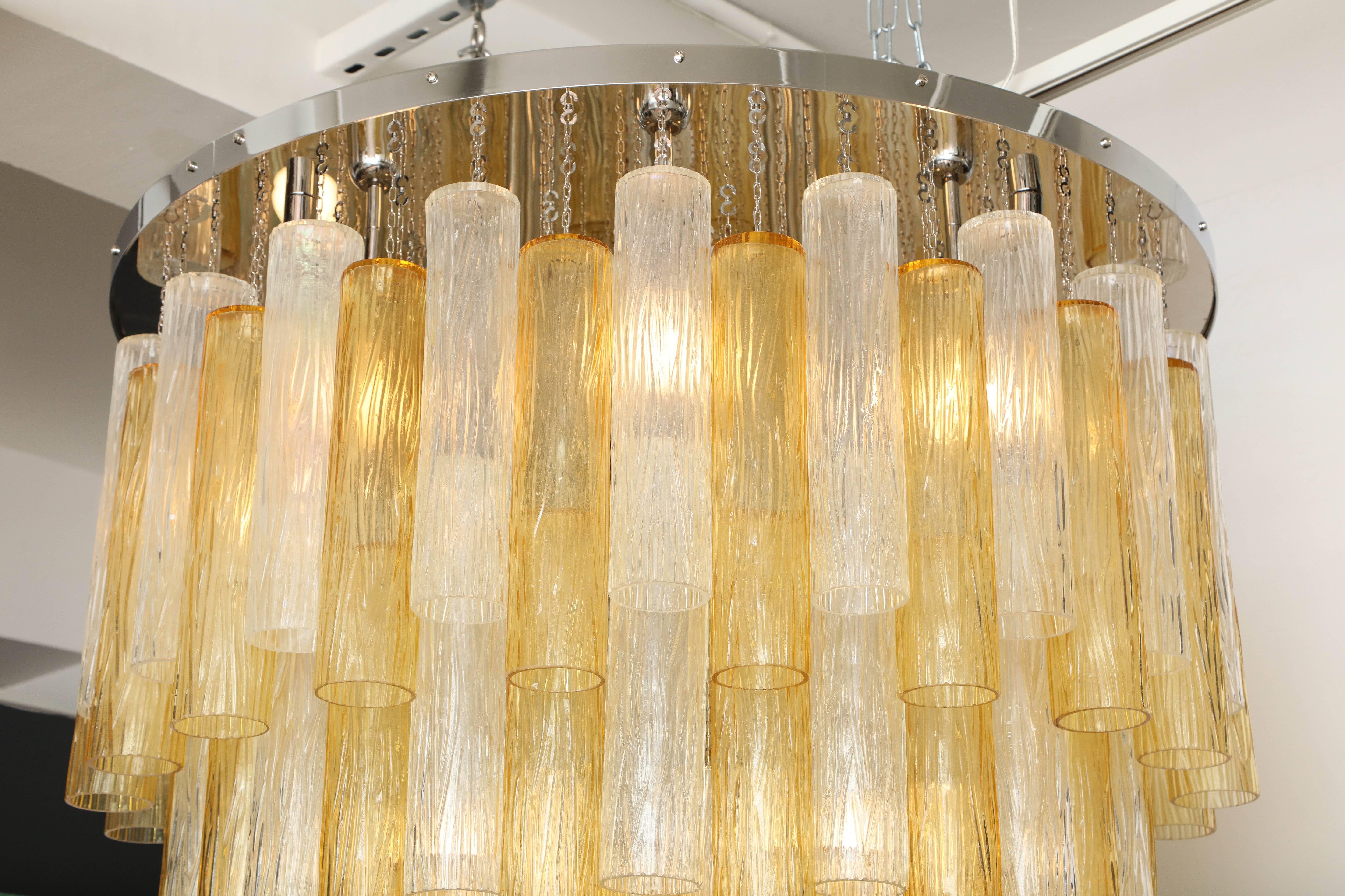 Clear and Gold Tiered Murano Glass and Chrome Flush Mount Chandelier, Italy For Sale 2