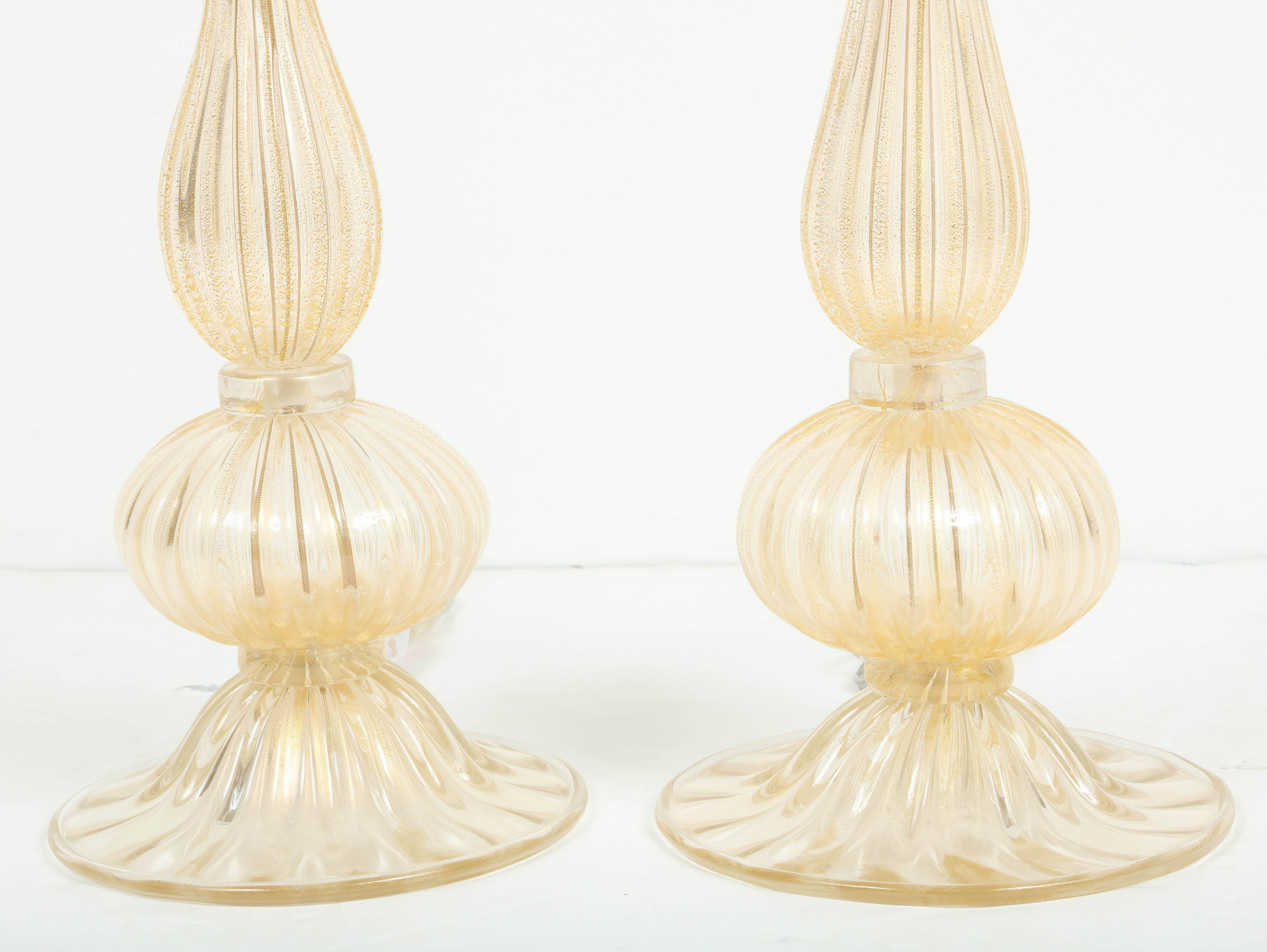Elegant pair of Italian pair of handblown, gold Murano glass lamps with 23-carat 