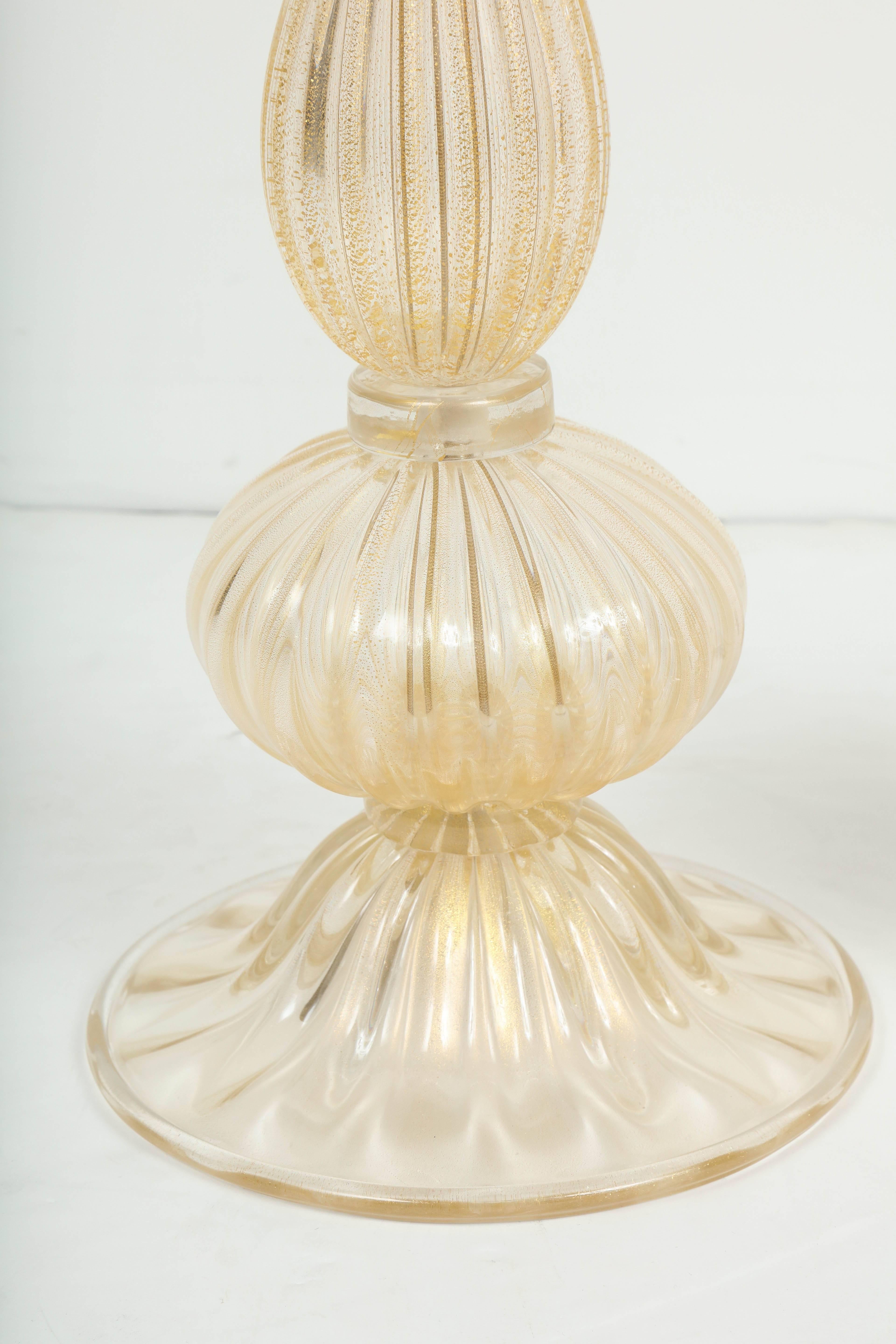 Hand-Crafted Pair of Italian Murano Ivory Infused with Gold Glass Lamps