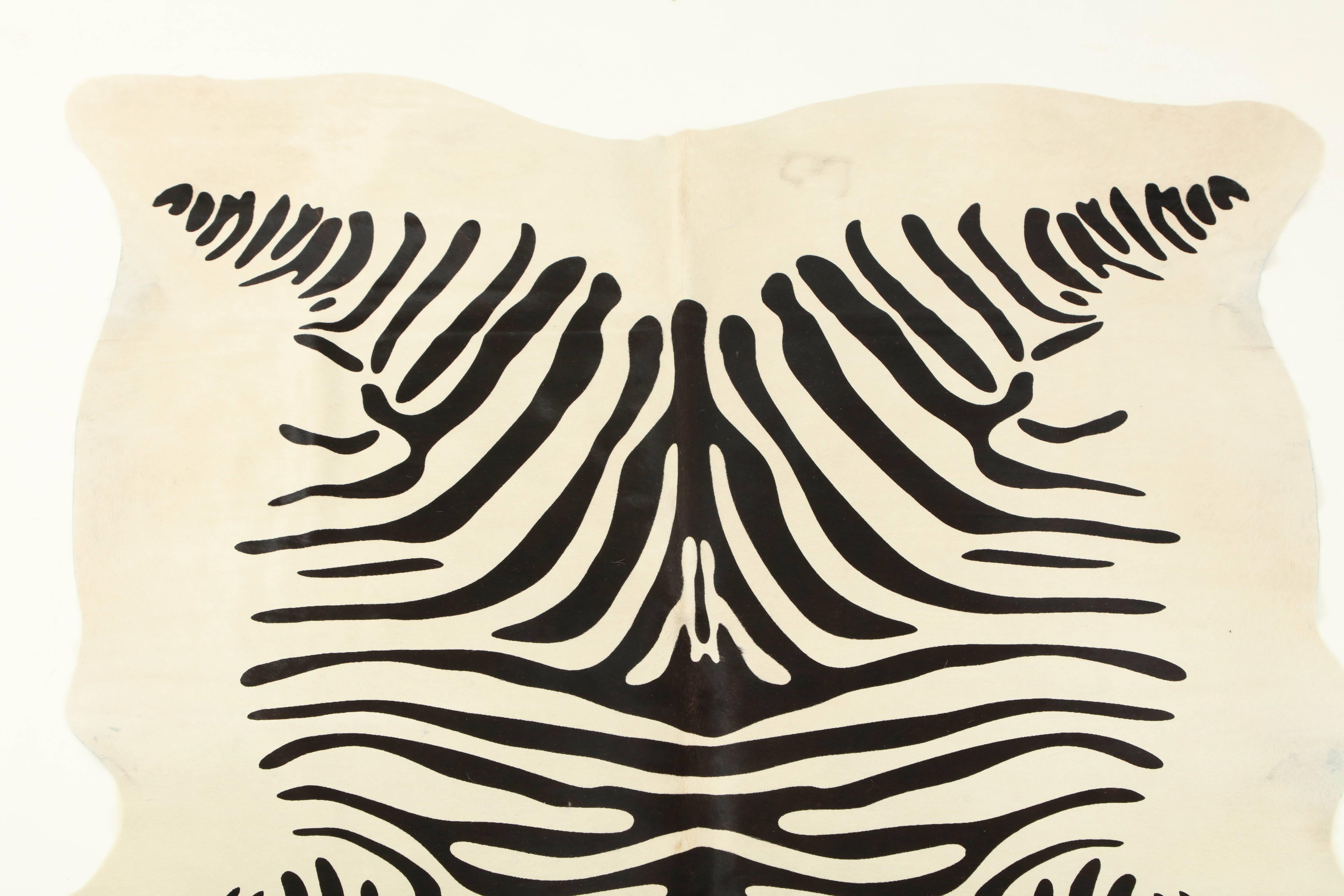 Modern Stenciled Zebra Print Brazilian Cowhide Rug