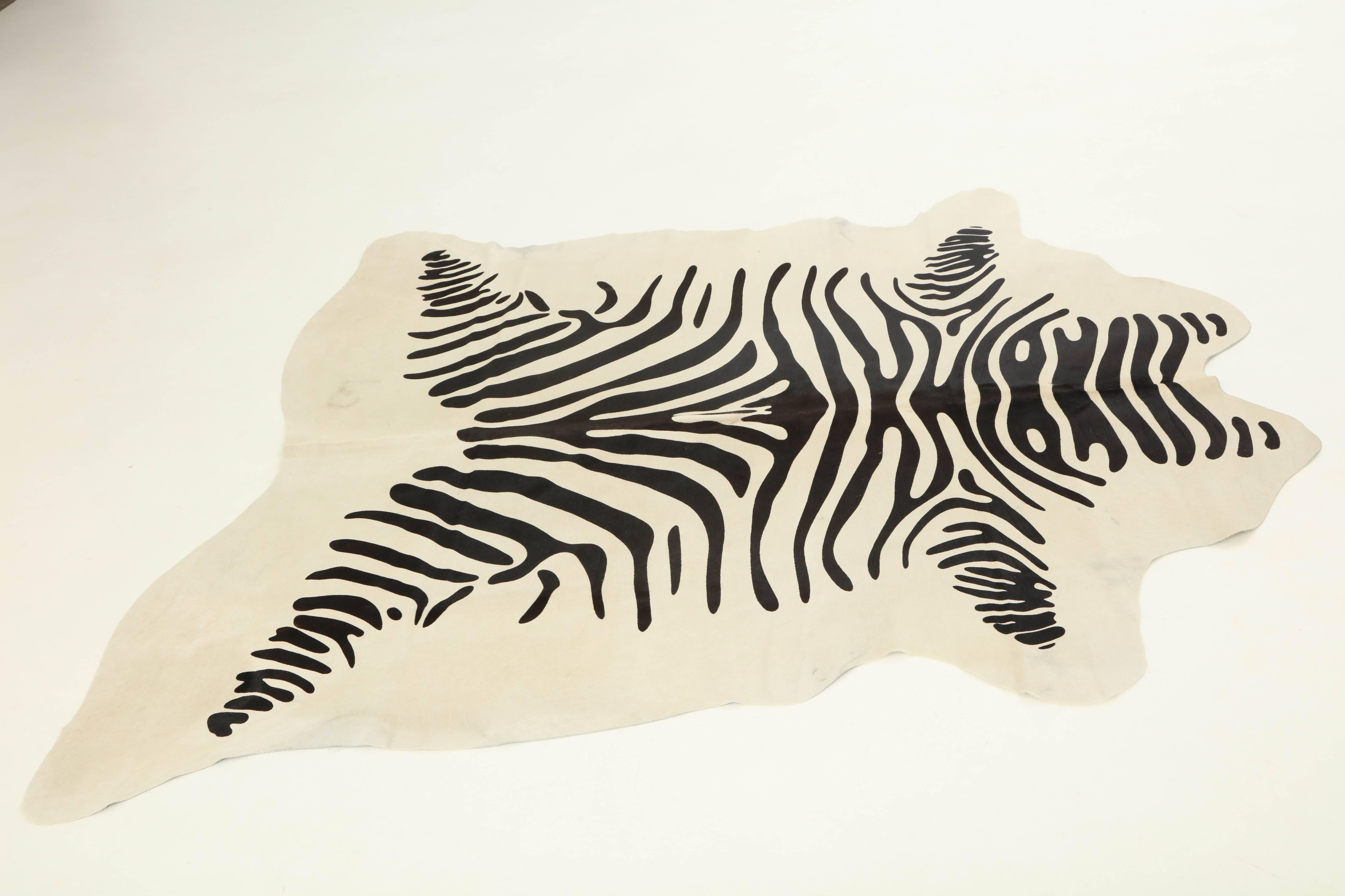 Stenciled Zebra Print Brazilian Cowhide Rug 1