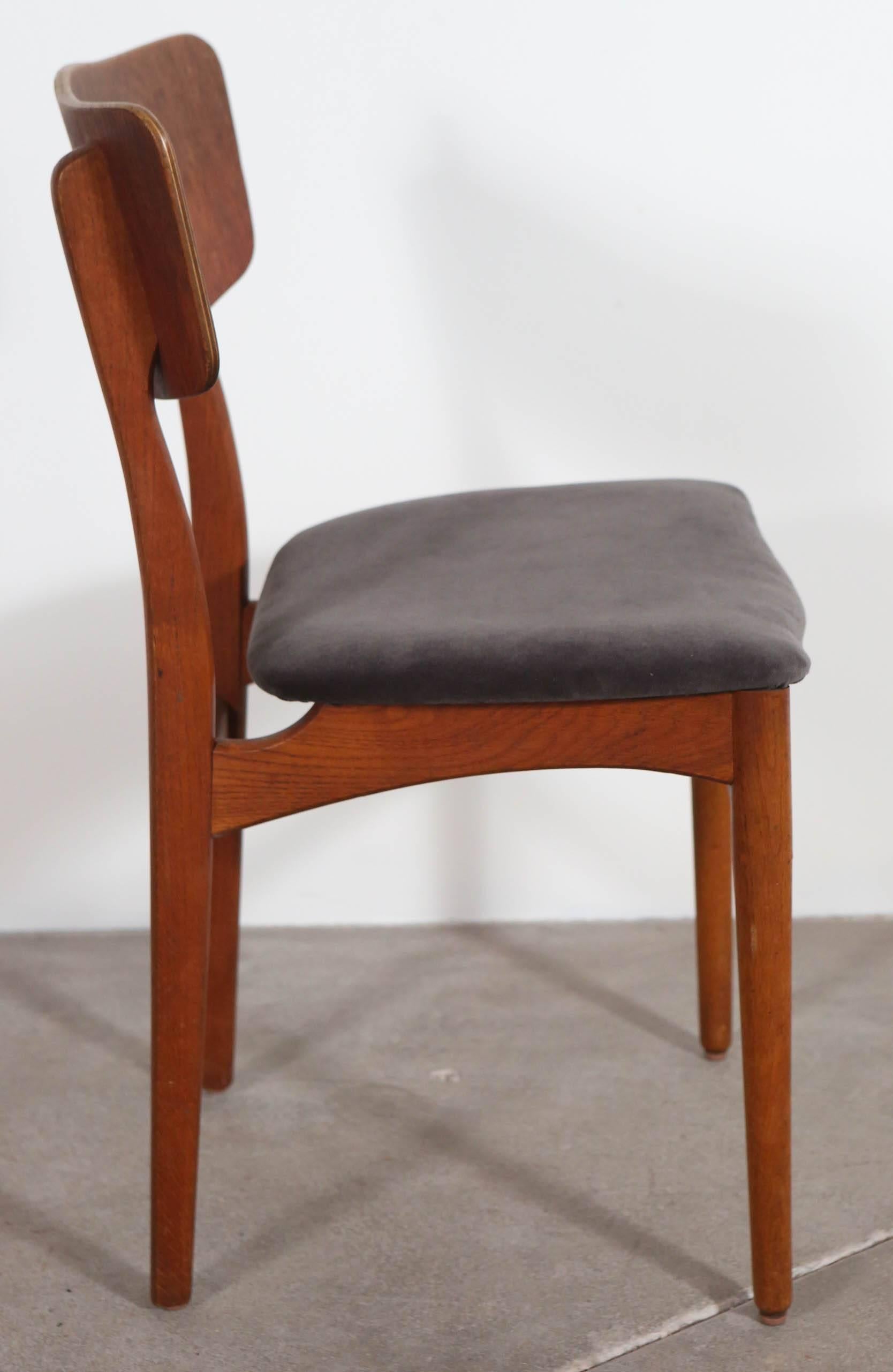 American Mid-Century Teak Framed Dining Chairs with Velvet Seat Cushion