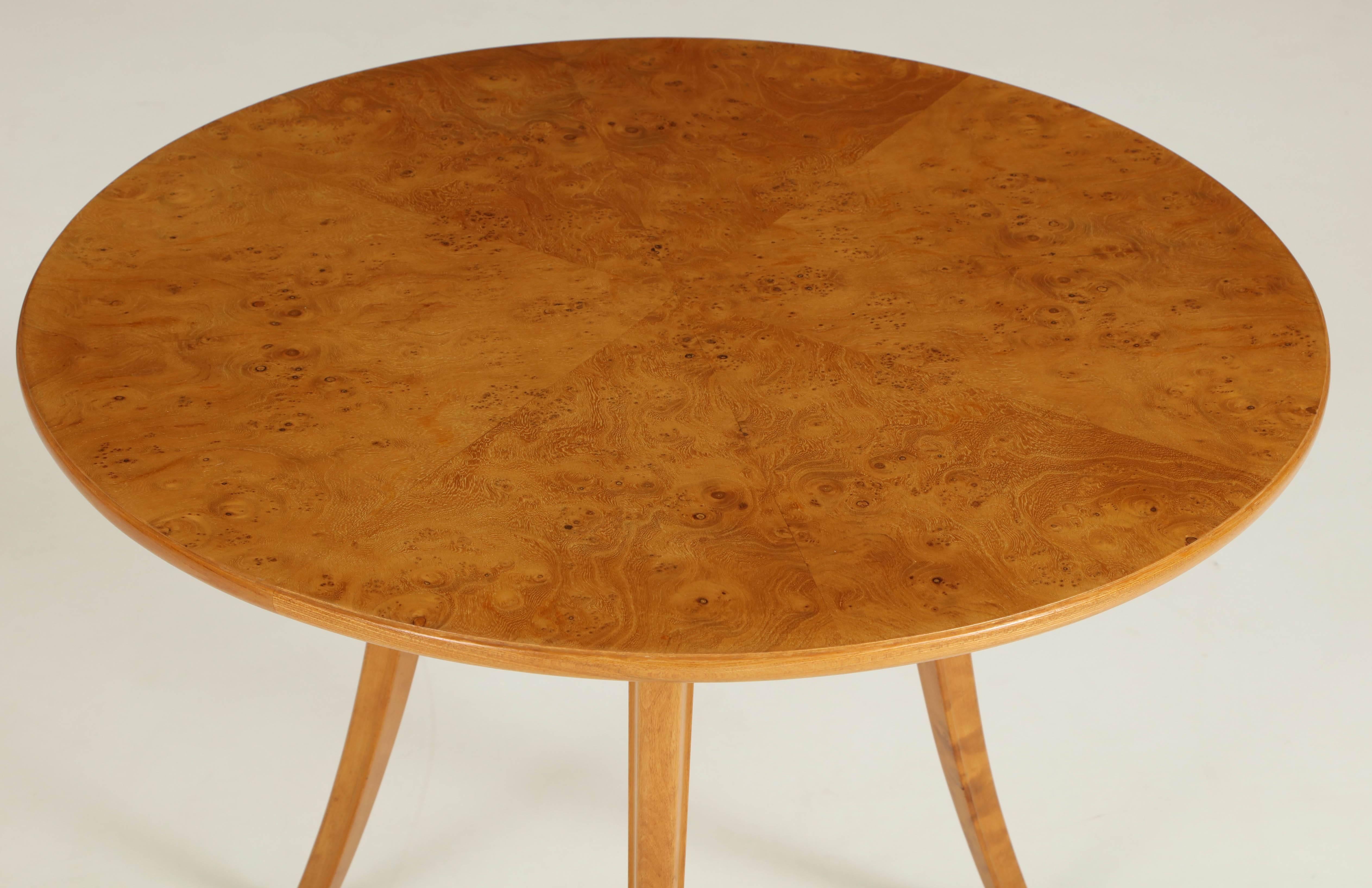 A Swedish modern elm root and birch table, Circa 1940s, produced by Sweden Möbelindustriförbund for Bodafors. The circular top with a molded outer edge raised on three splayed legs with molded edges. 

Stamp and paper label on verso. 

SMI