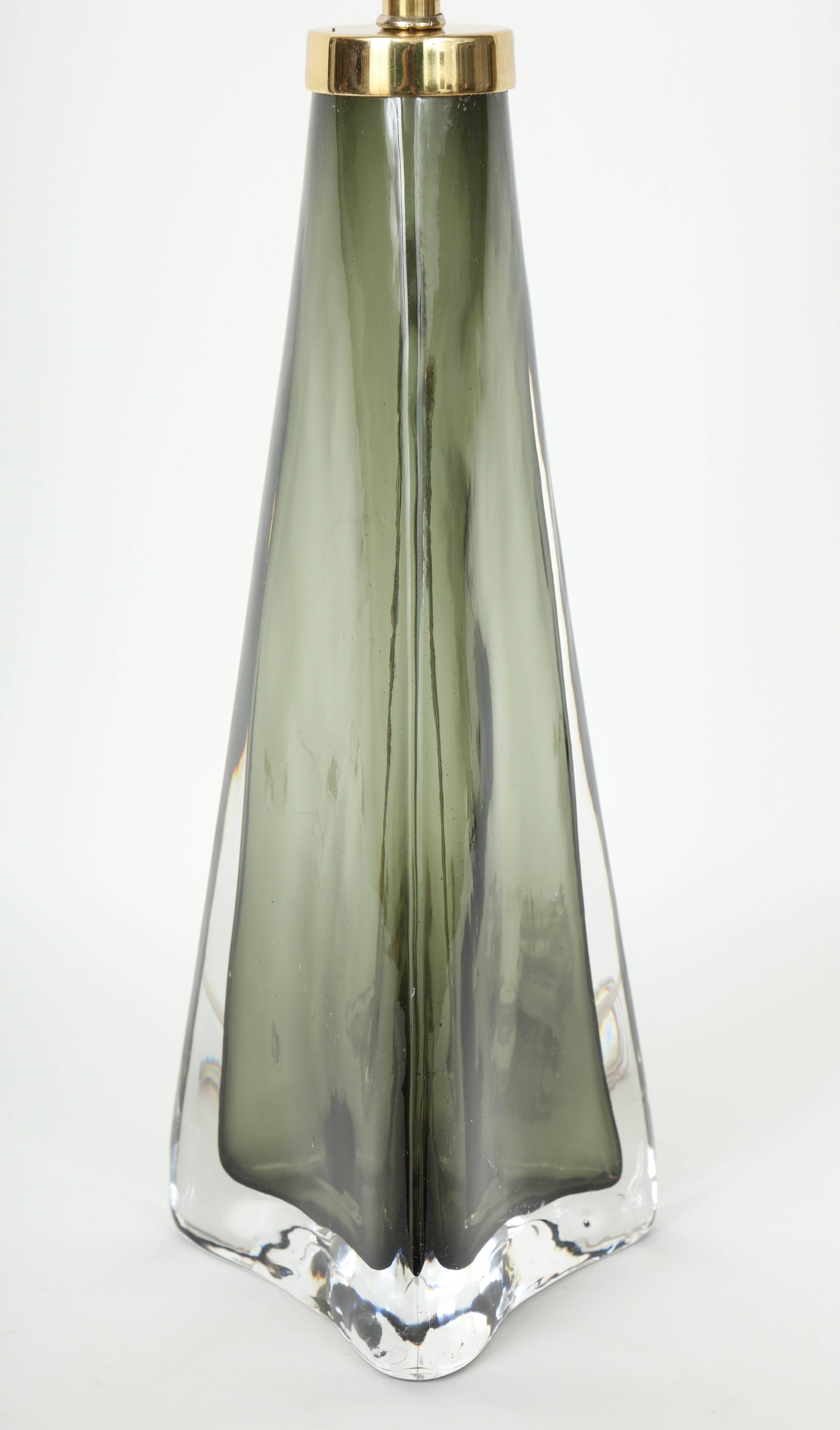 Swedish Olive Green Crystal Lamp by Carl Fagerlund for Orrefors