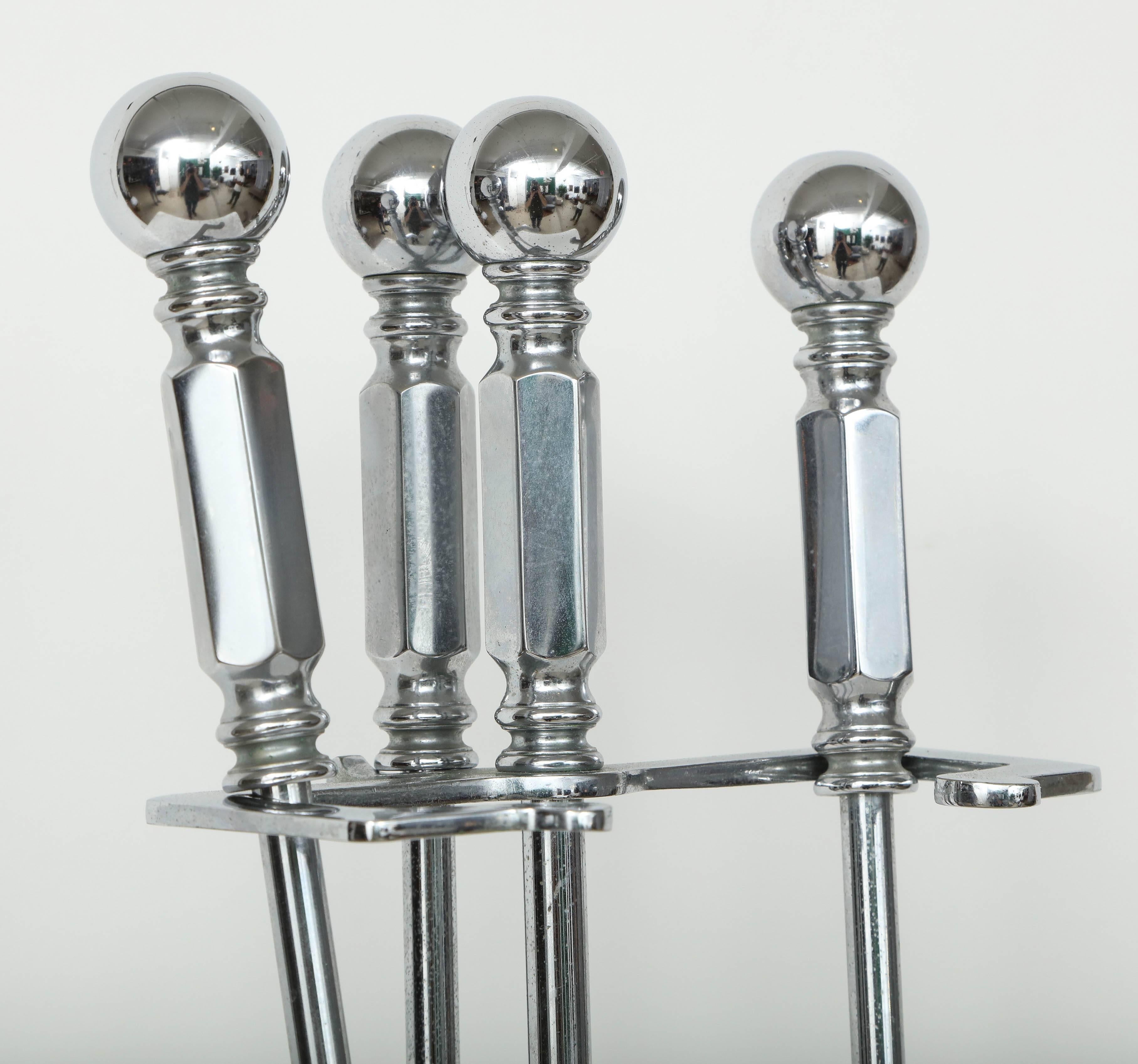 Set of Hollywood Regency Nickel Fireplace Tools In Excellent Condition In New York, NY