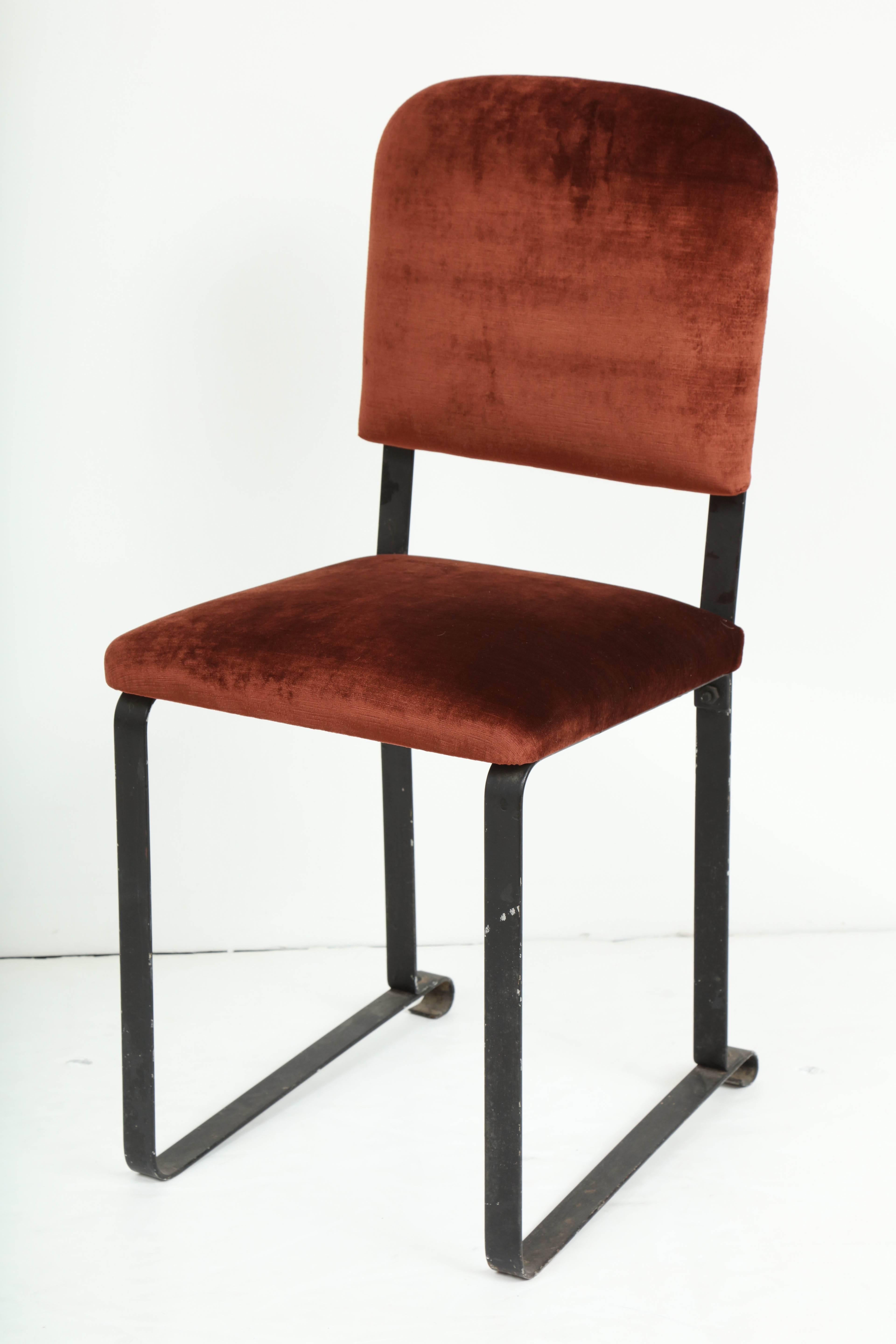 Iron side chair circa 1940 upholstered in cognac velvet with French natural nailhead trim.
