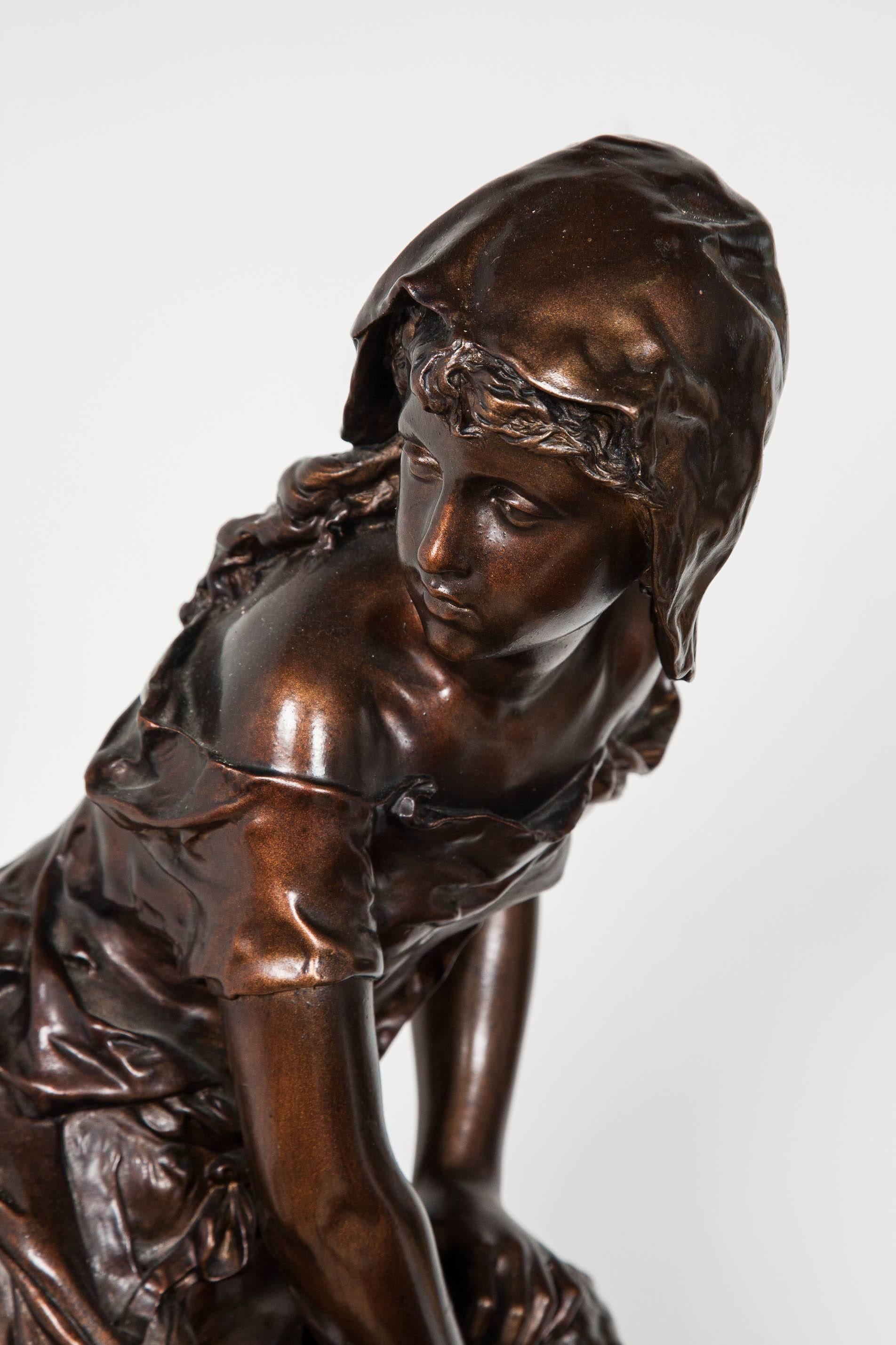 French Bronze Figure of a Maiden Filling a Jug by a Fountain by Mathurin Moreau For Sale