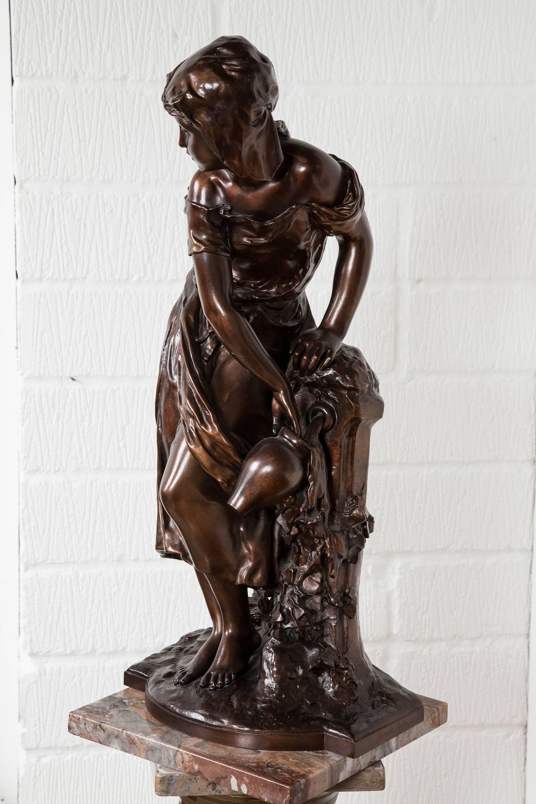 Bronze Figure of a Maiden Filling a Jug by a Fountain by Mathurin Moreau For Sale 1