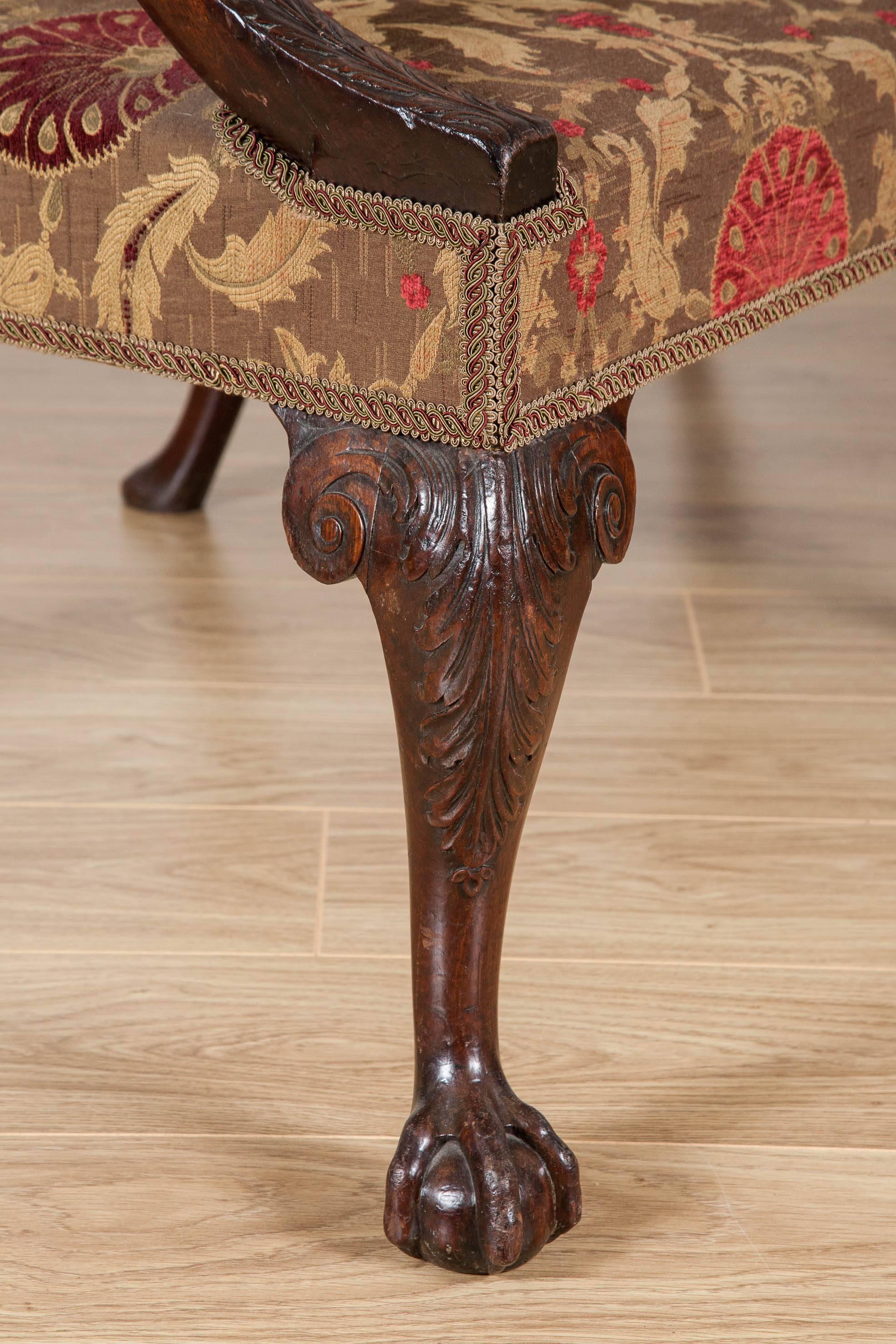 Upholstery 18th Century Settee, Mahogany Carved Cabriole Legs, 1750 For Sale
