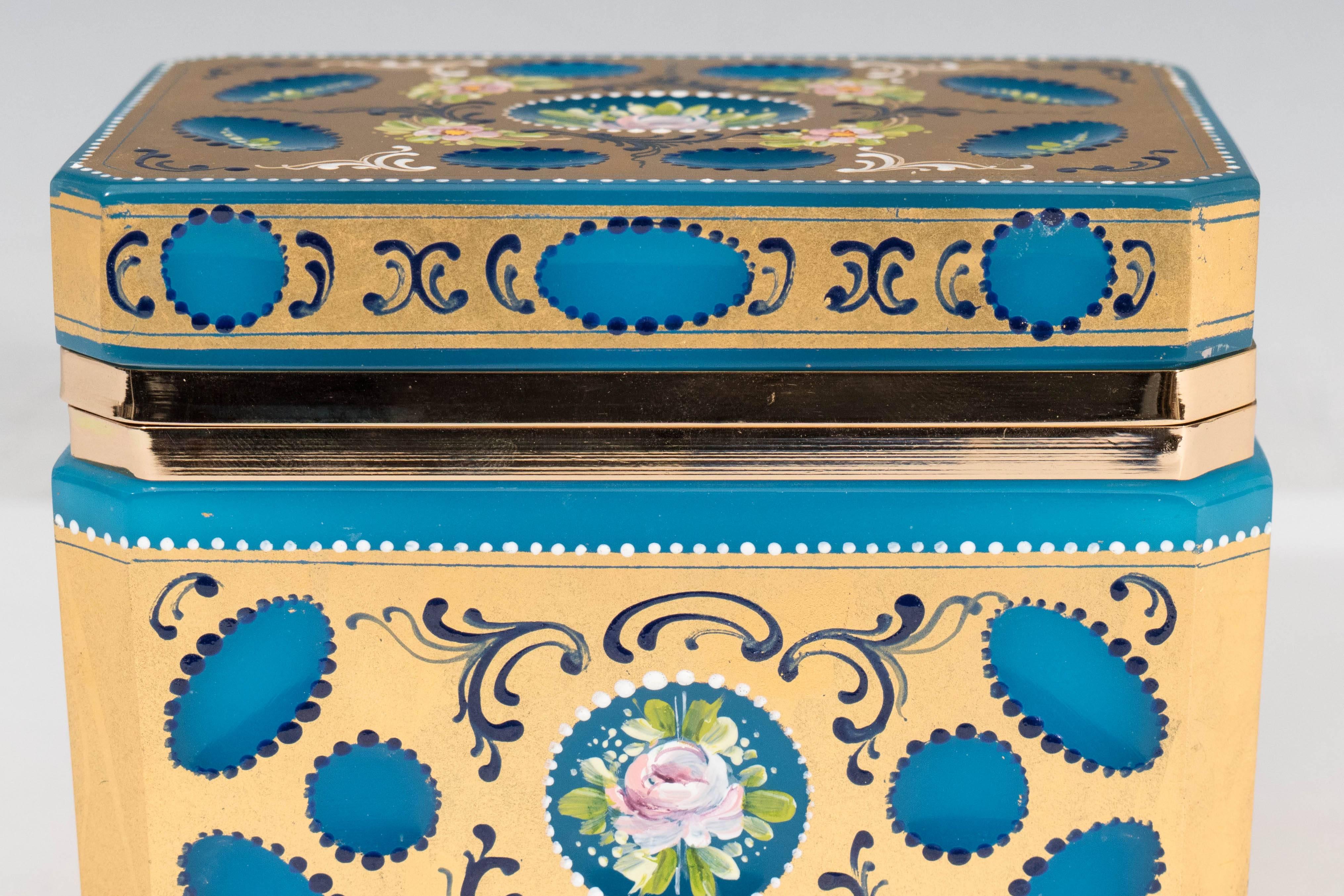 Italian Mid-Century Hand-Painted & Gilded Blue Murano Glass Box