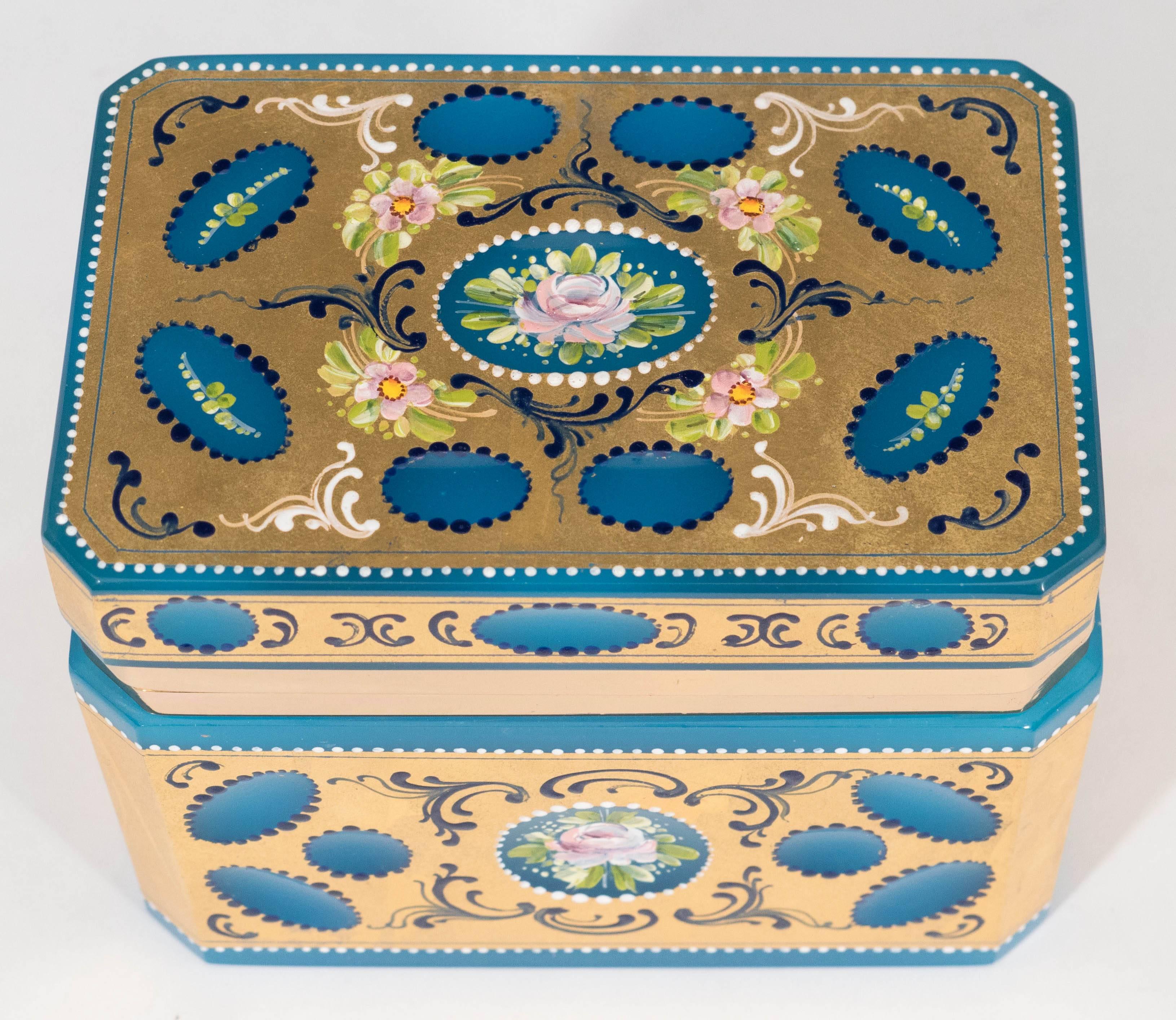 Gilt Mid-Century Hand-Painted & Gilded Blue Murano Glass Box