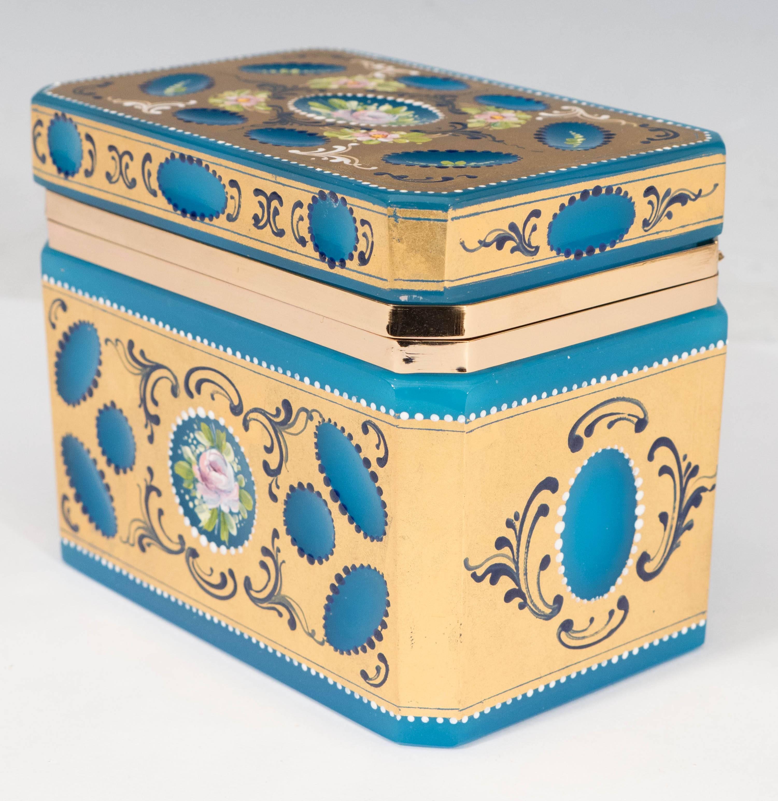 Gold Mid-Century Hand-Painted & Gilded Blue Murano Glass Box