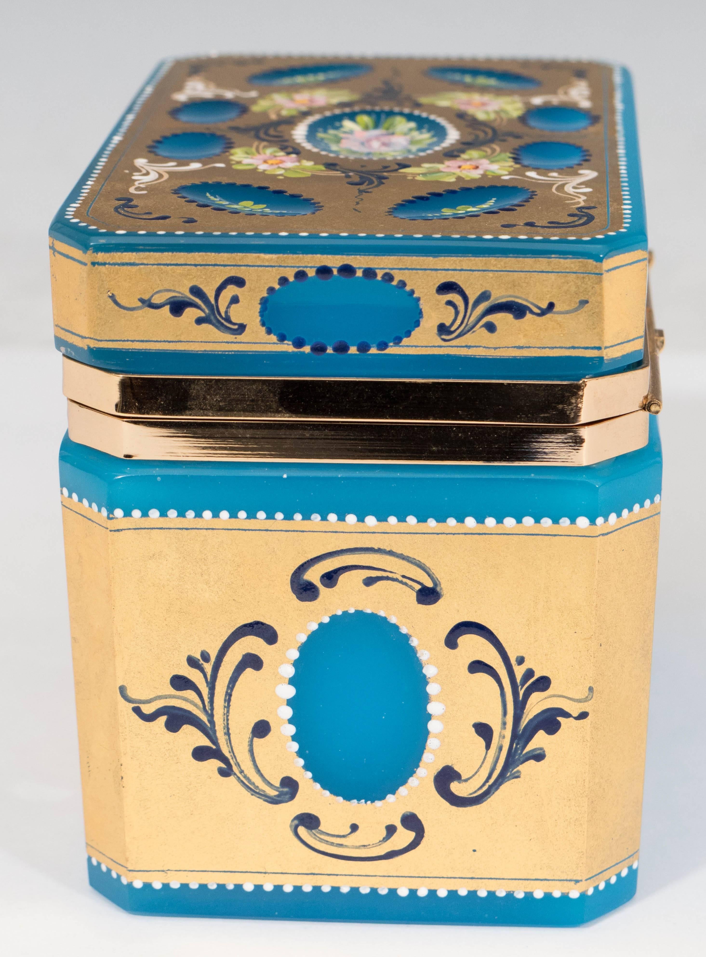 Mid-Century Hand-Painted & Gilded Blue Murano Glass Box 1