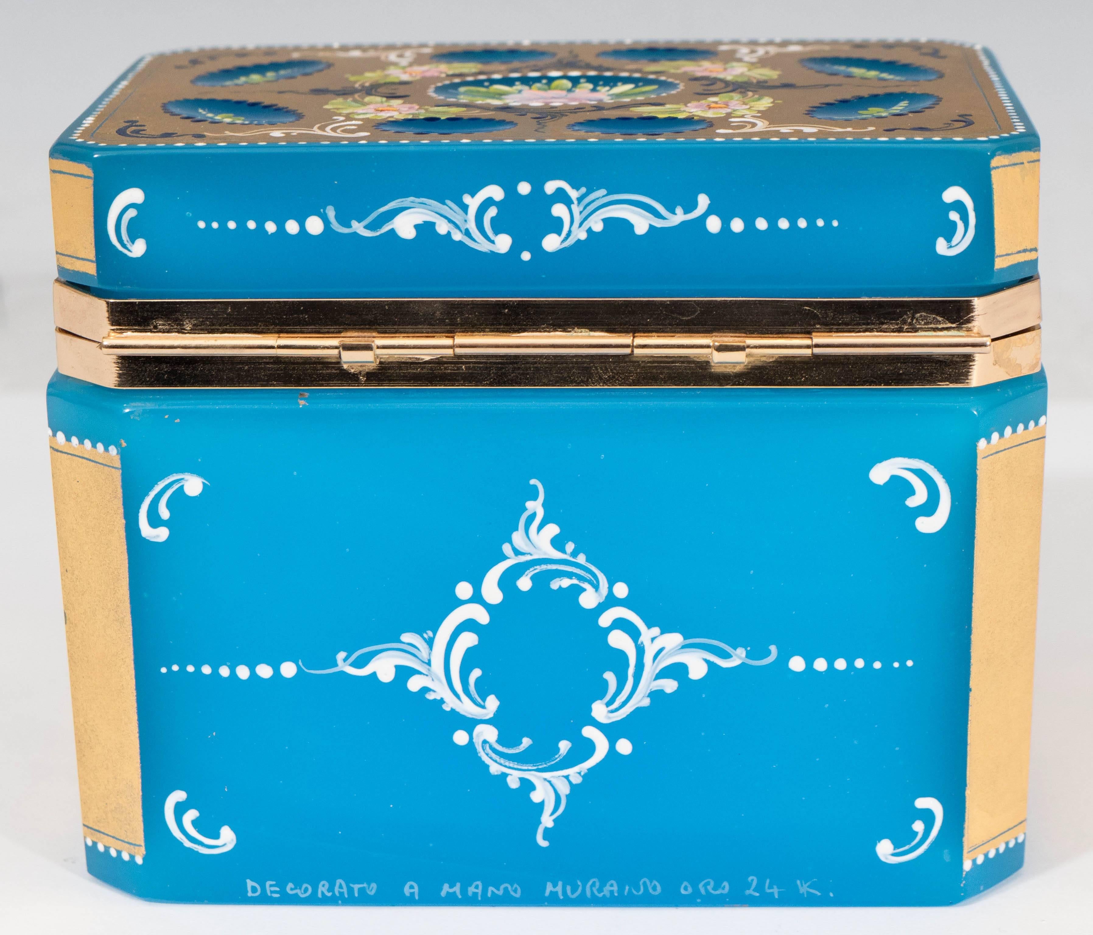 Mid-Century Hand-Painted & Gilded Blue Murano Glass Box 2