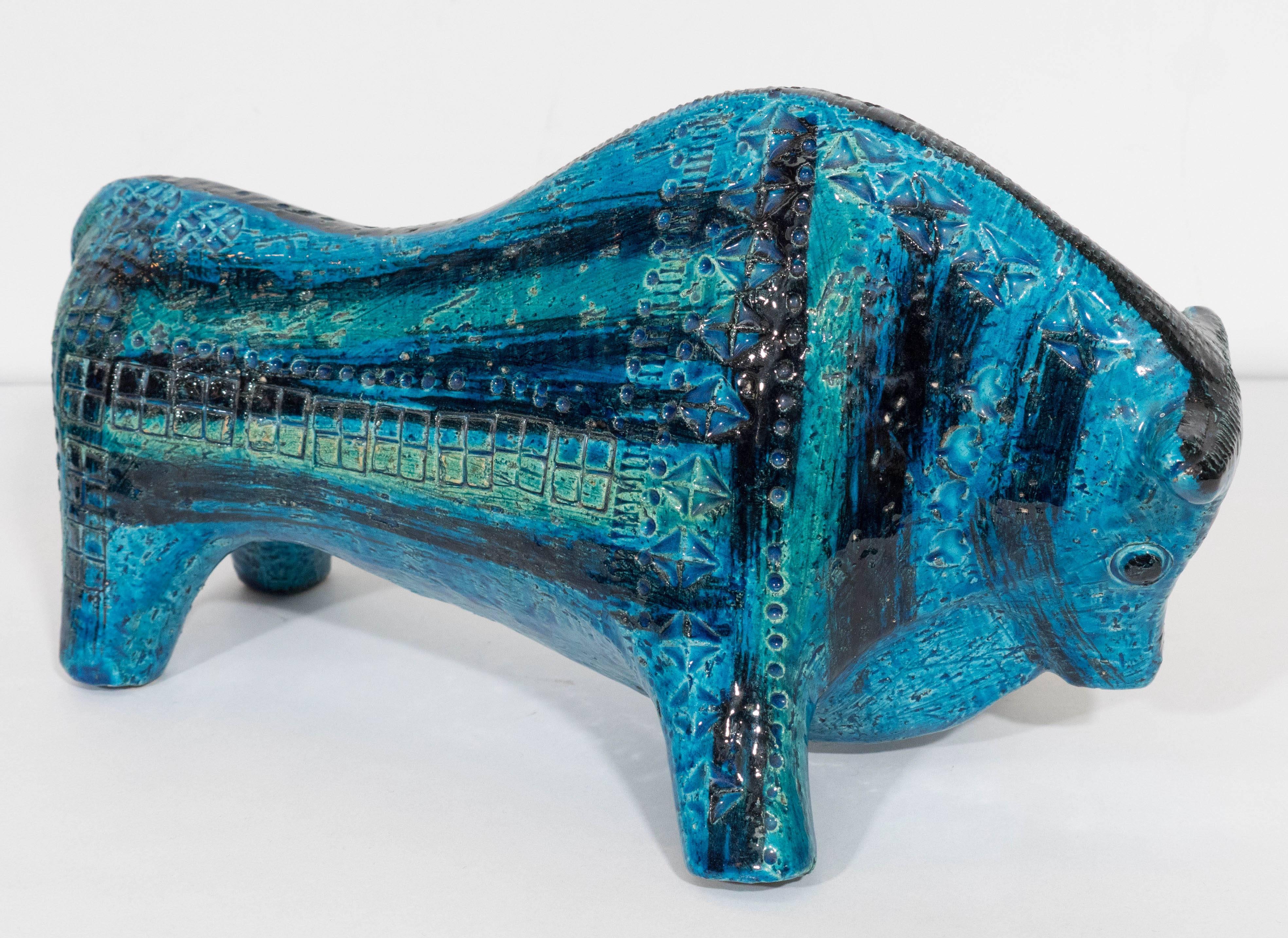 Rimini Blue Bull Sculpture by Bitossi for Raymor In Good Condition In New York, NY