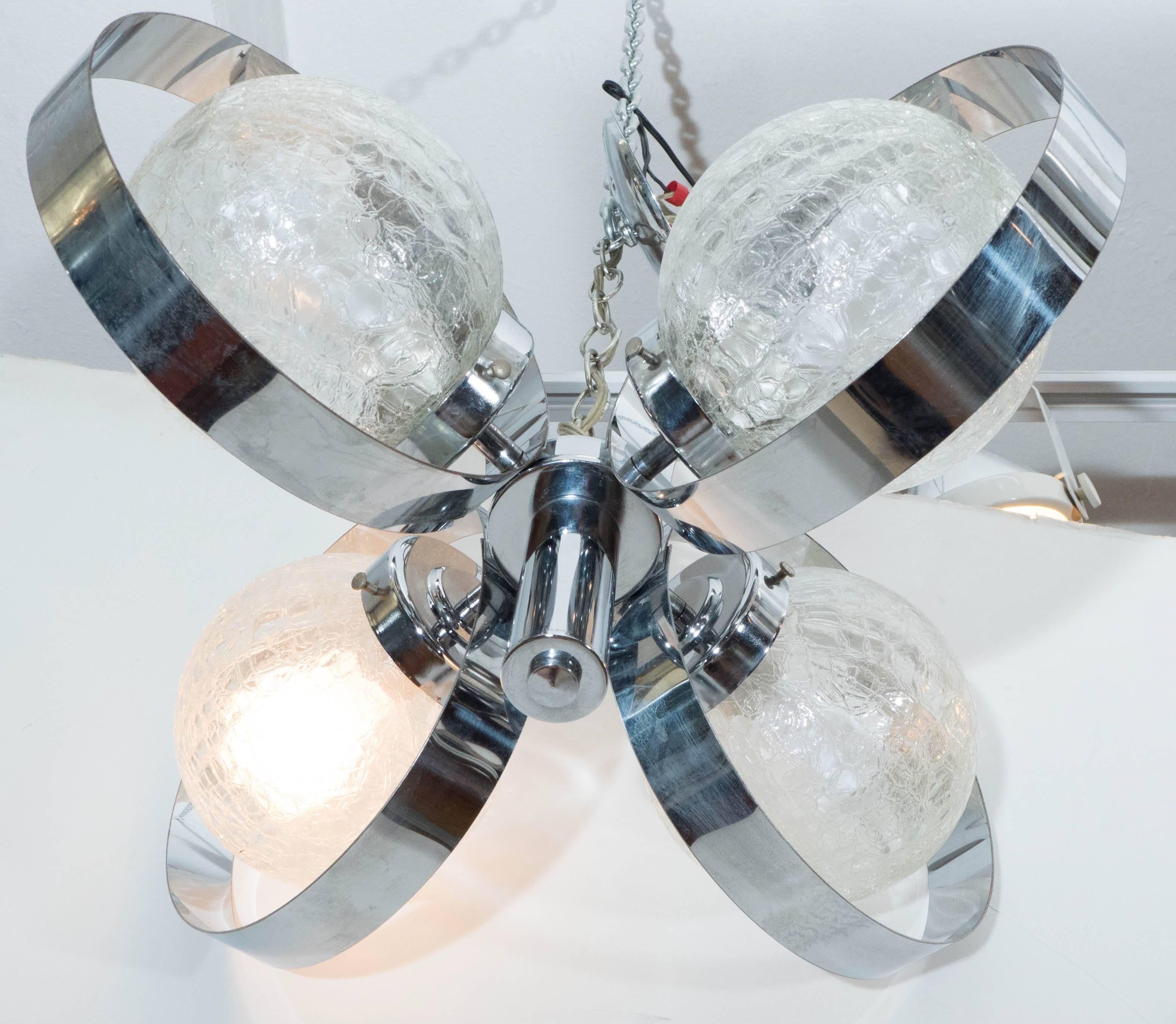 Modern Italian 1970s Chrome Ring Chandelier with Crackle Glass Globes