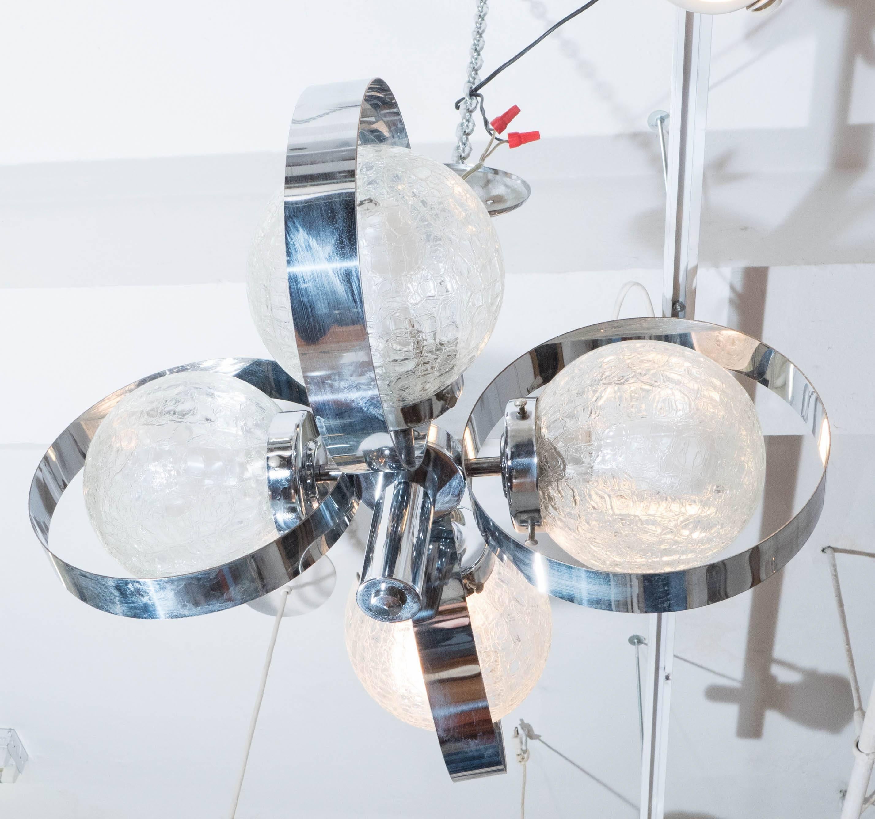 Late 20th Century Italian 1970s Chrome Ring Chandelier with Crackle Glass Globes