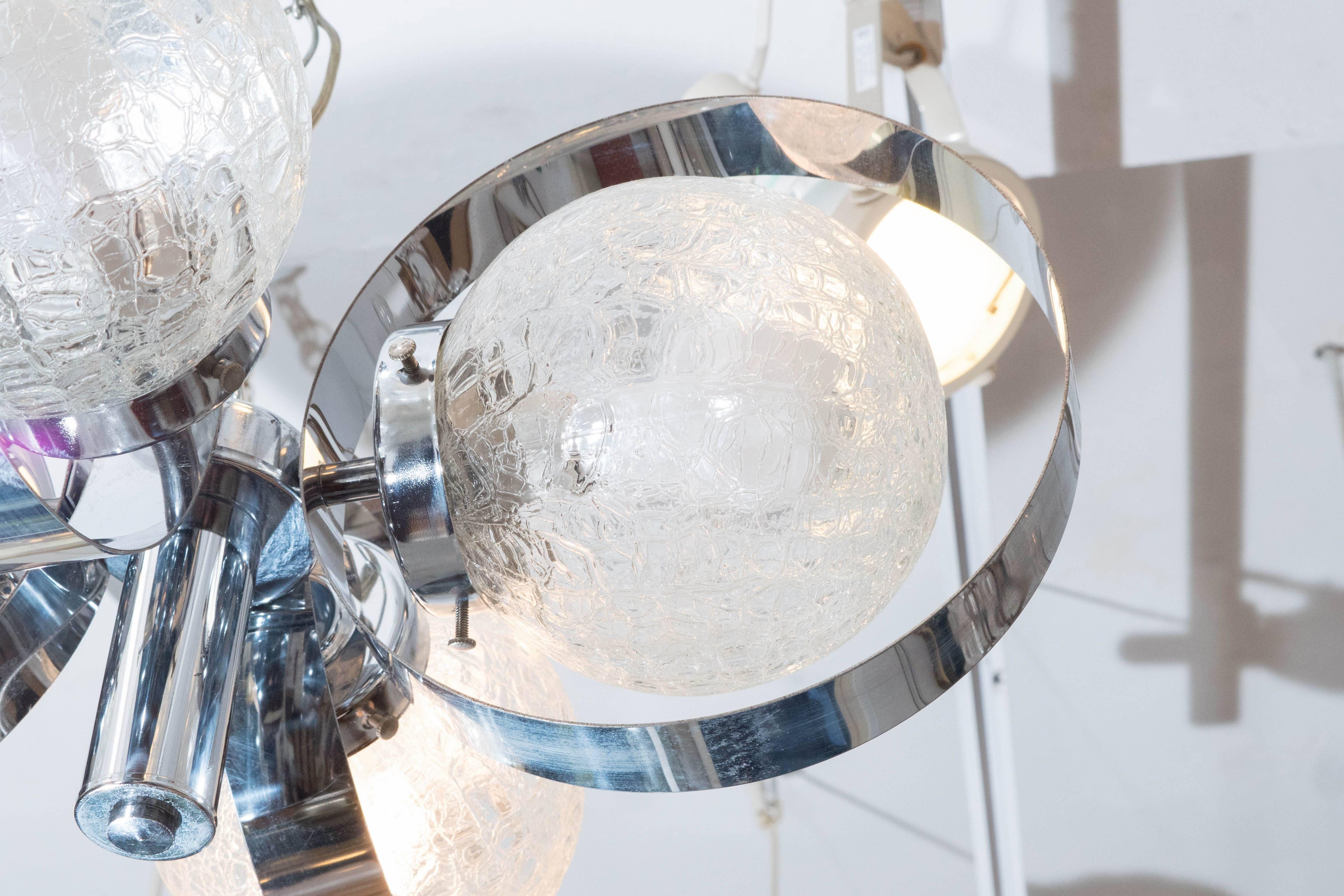 Italian 1970s Chrome Ring Chandelier with Crackle Glass Globes 1