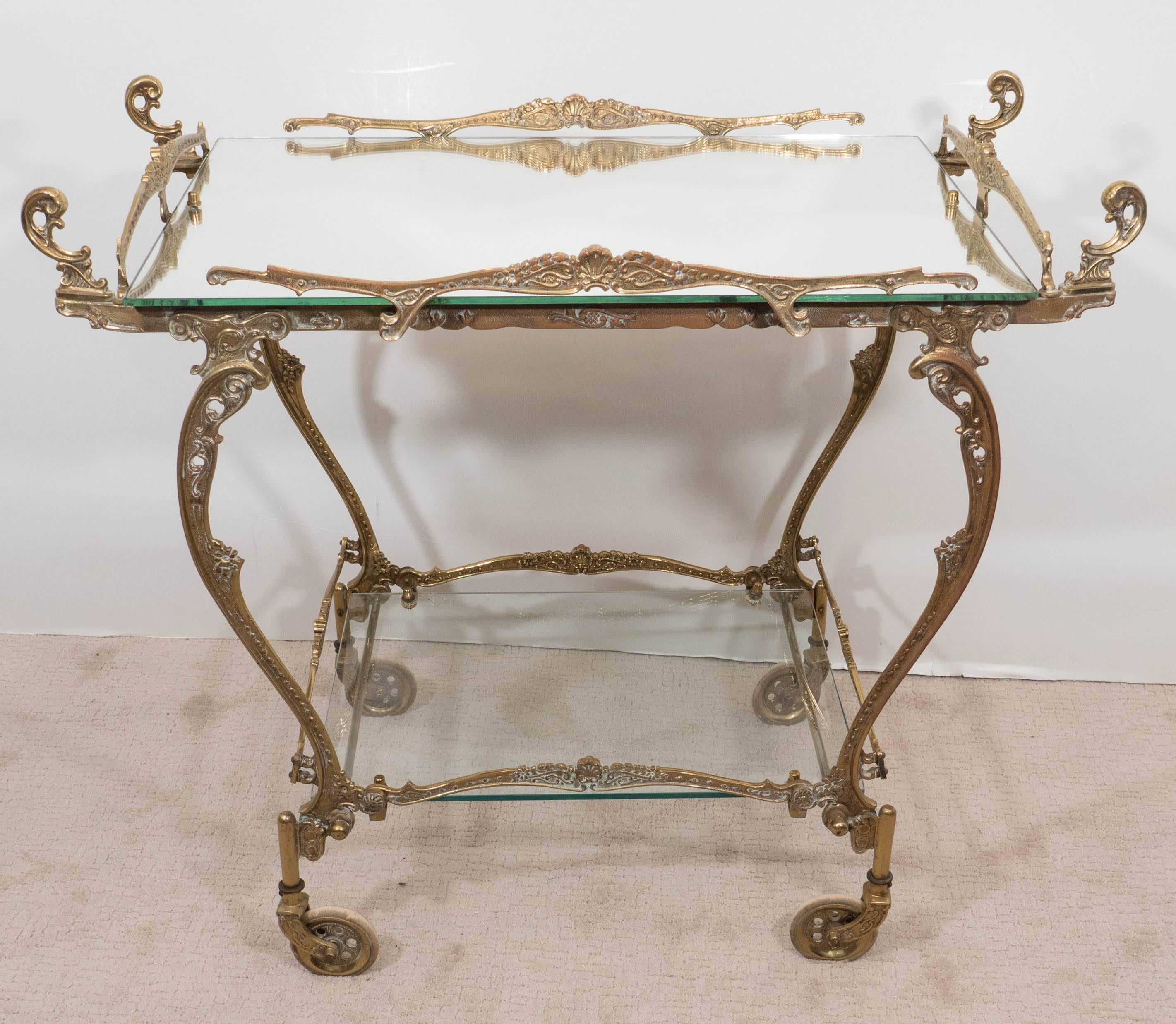 Mid-20th Century Rococo Style Two-Tier Tea Cart in Brass