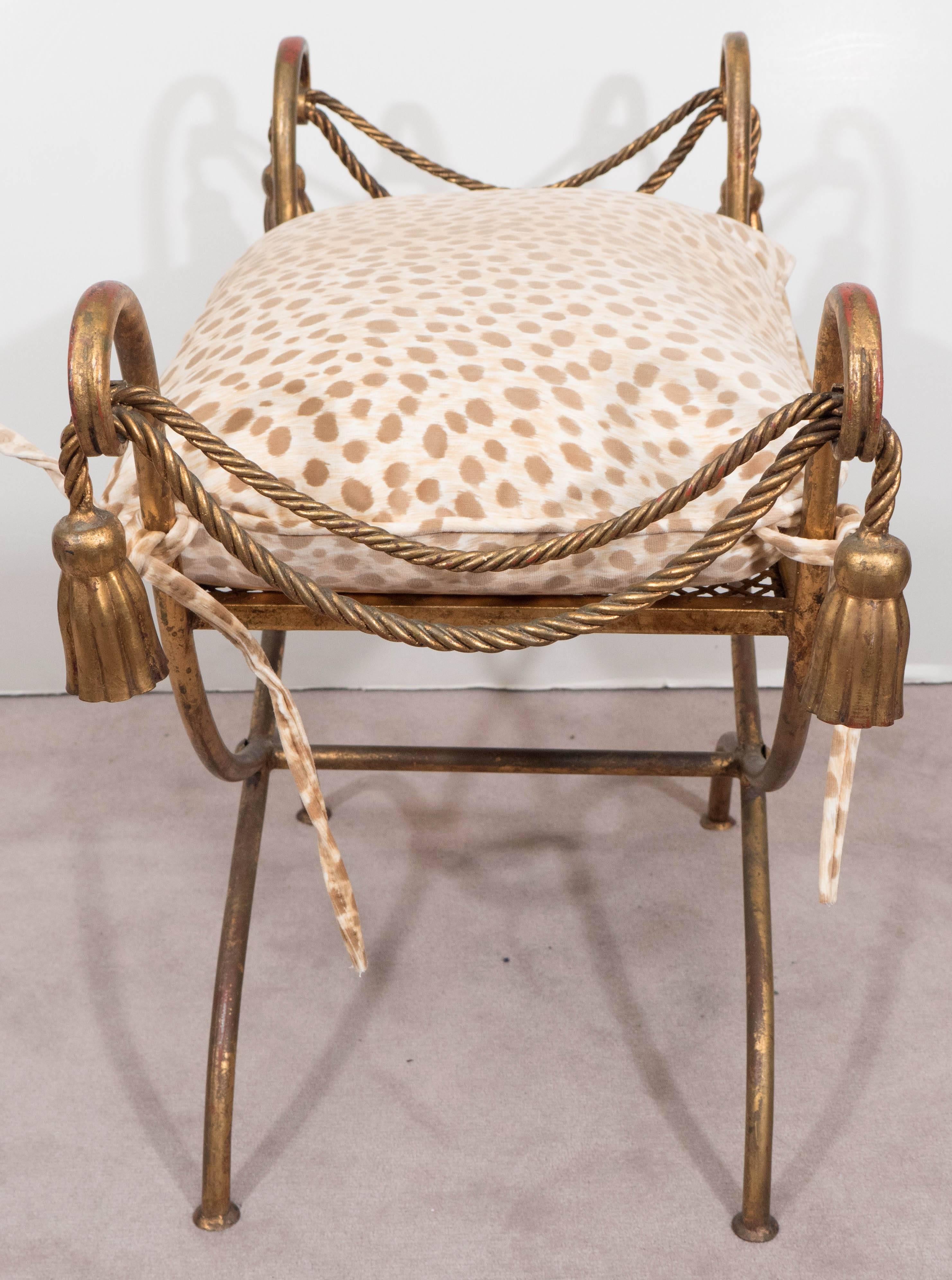 Iron Mid-Century Italian Gilt Rope and Tassel Bench