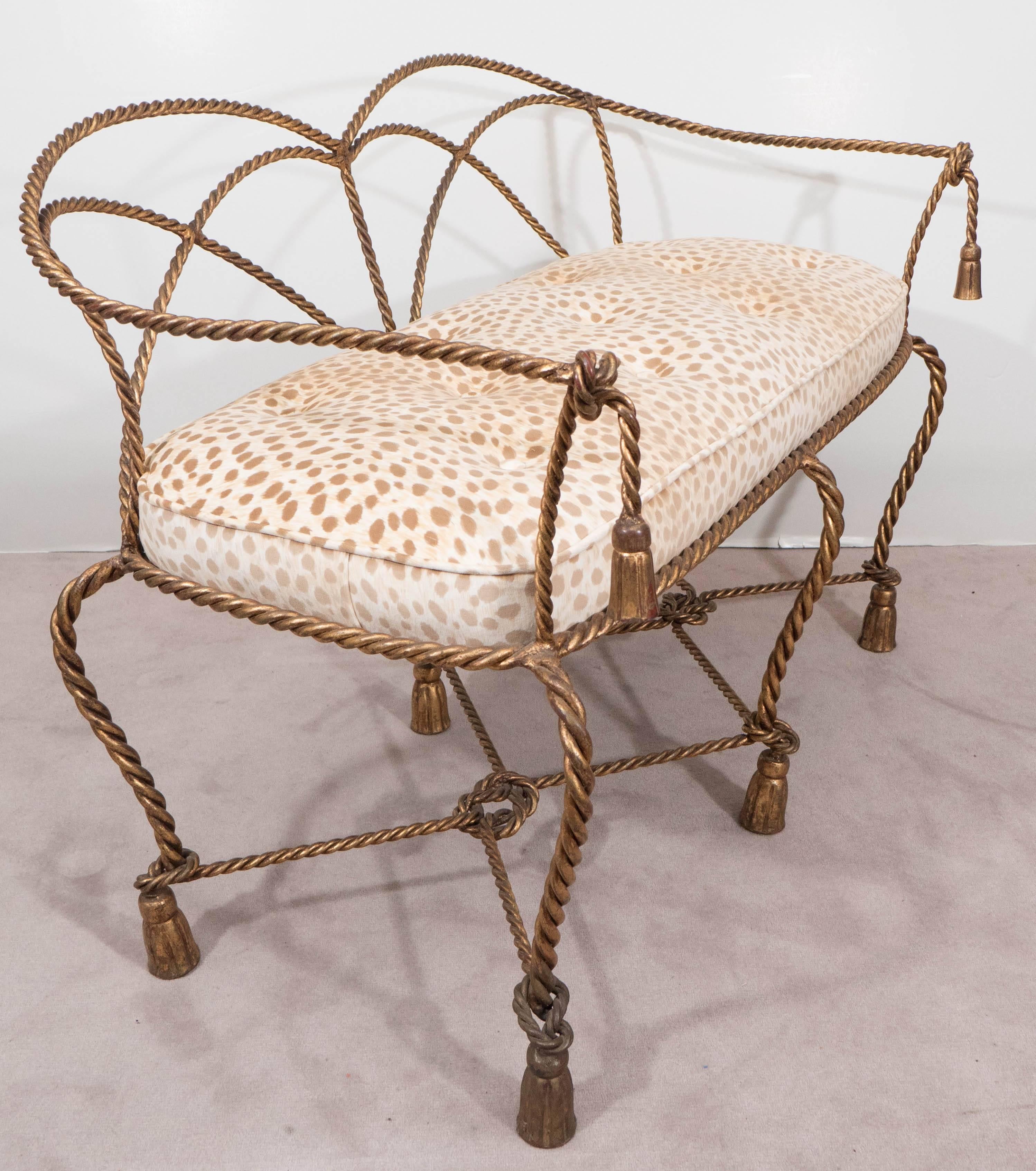 Mid-20th Century Mid-Century Italian Gilt Rope and Tassel Settee with Leopard Print Velvet Seat