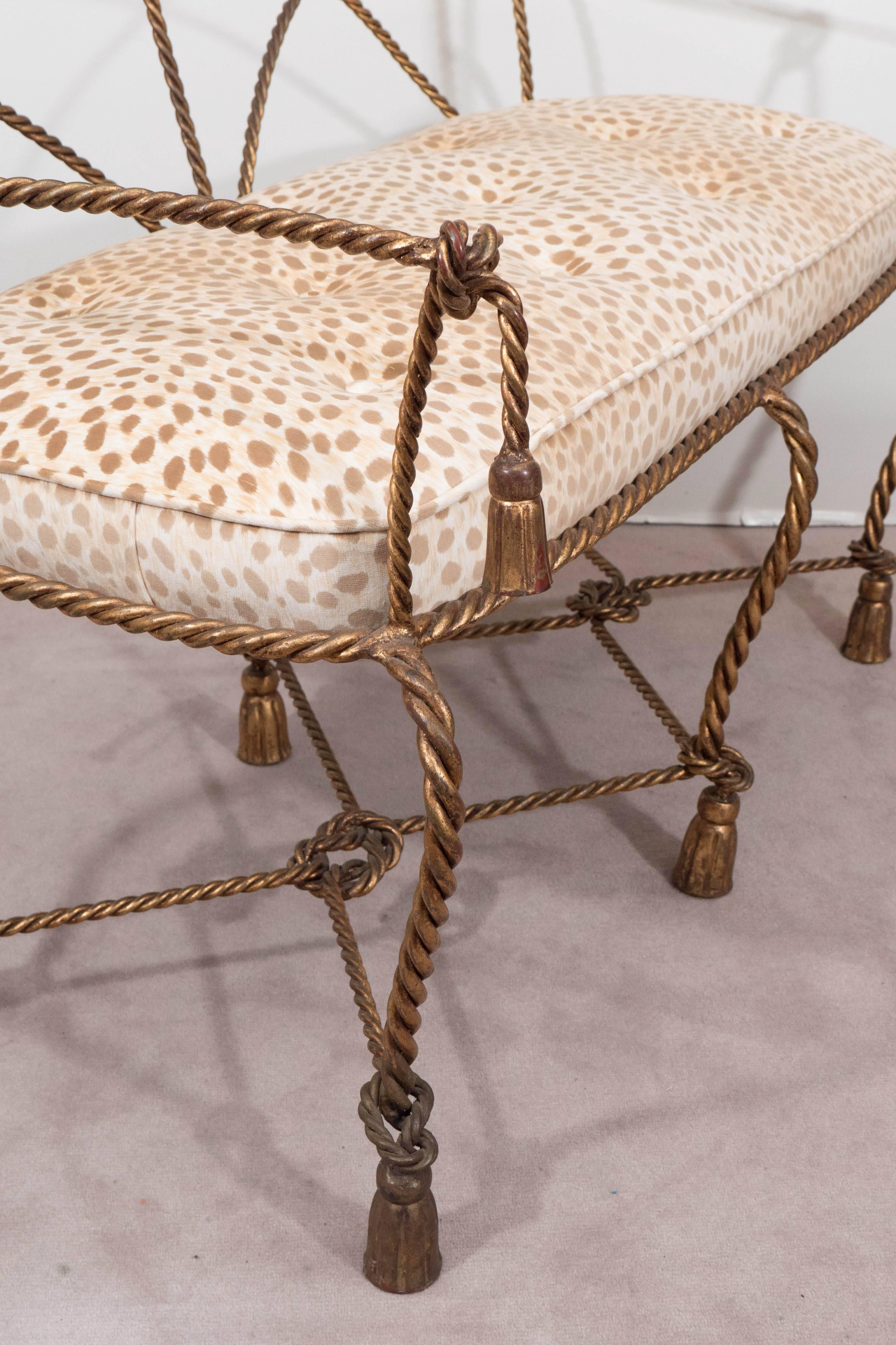 Mid-Century Italian Gilt Rope and Tassel Settee with Leopard Print Velvet Seat 1