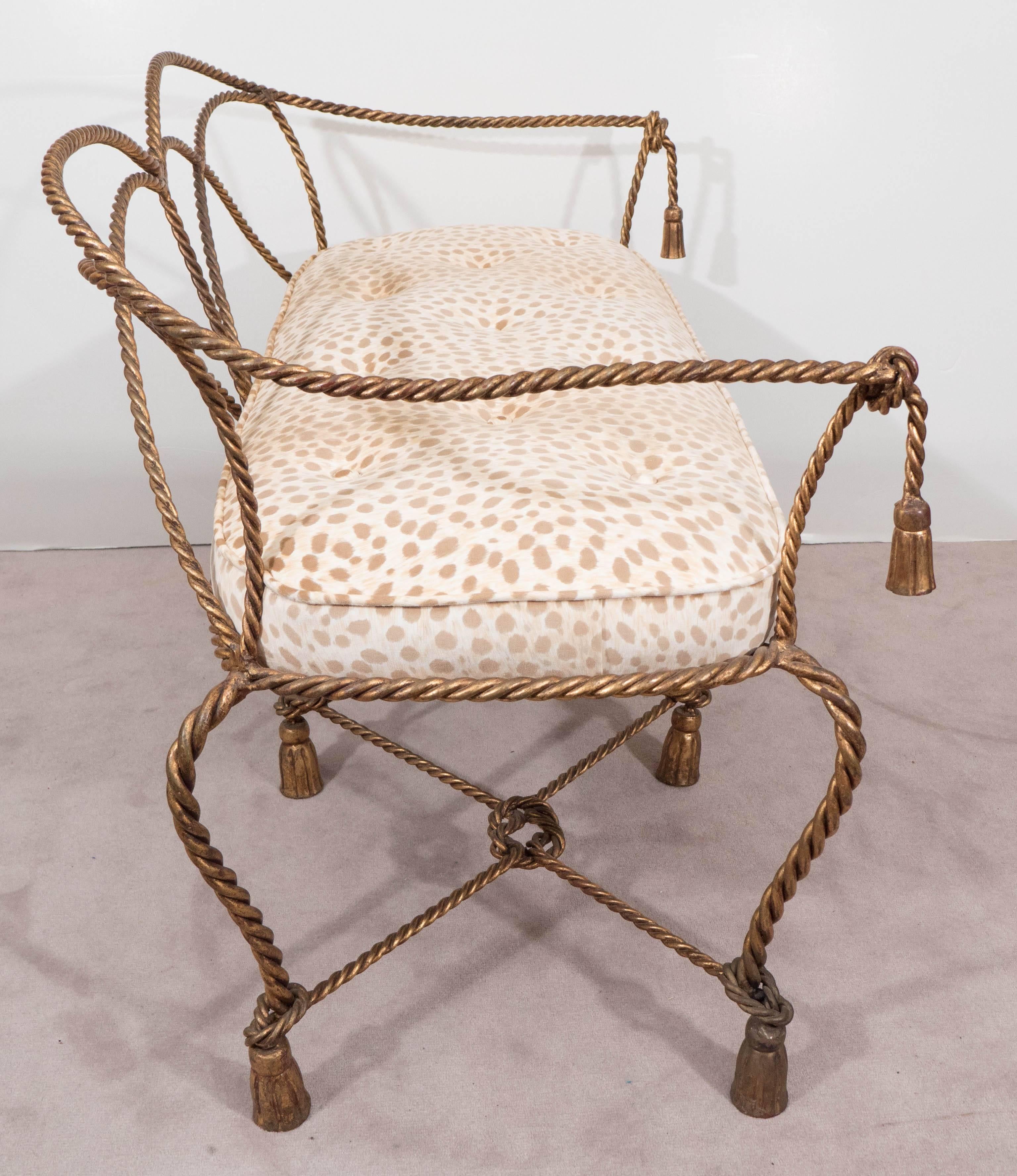 Mid-Century Italian Gilt Rope and Tassel Settee with Leopard Print Velvet Seat 2