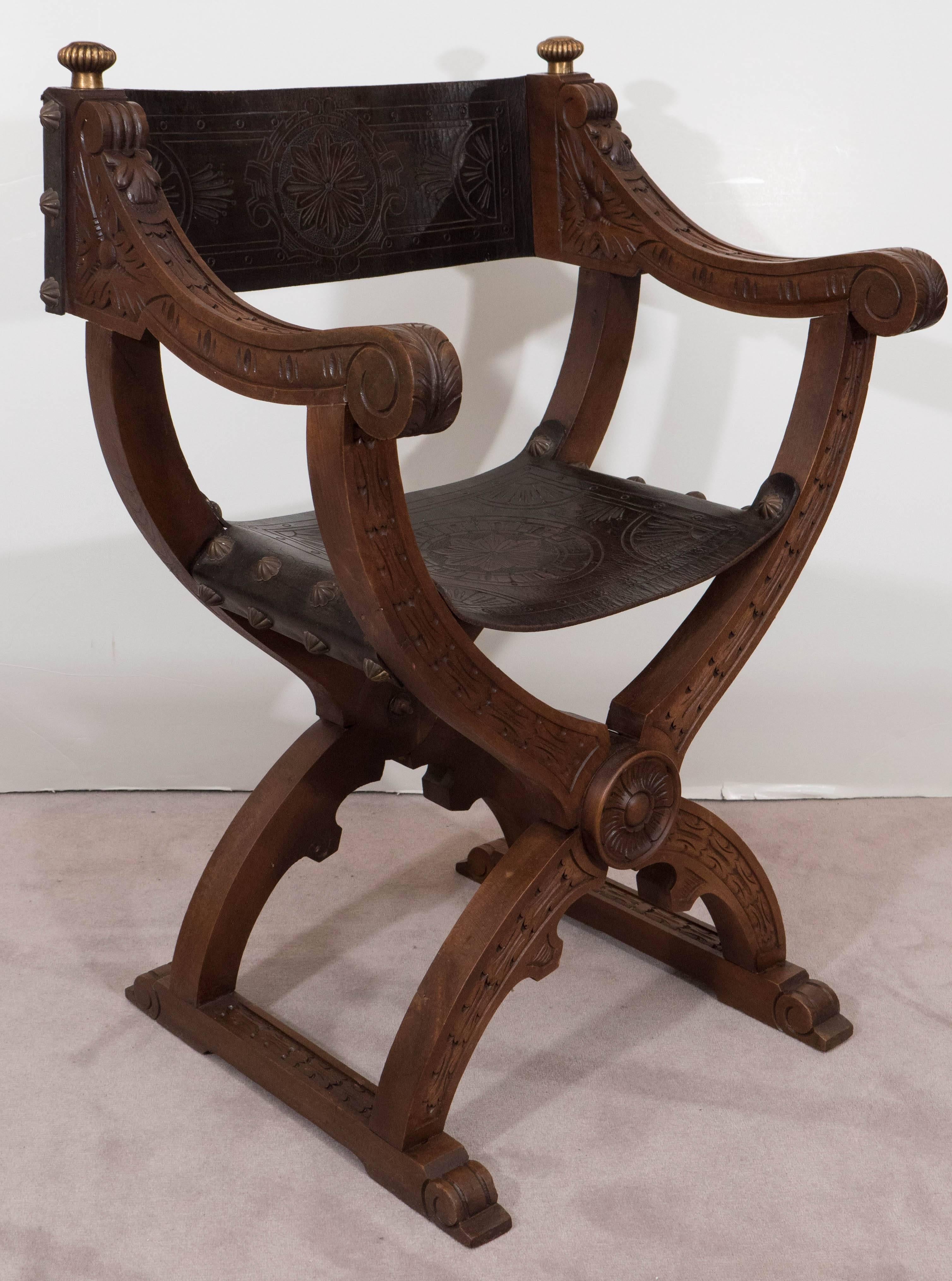 Mid-20th Century Mid-Century Italian Savonarola Folding Armchair in Carved Walnut and Leather