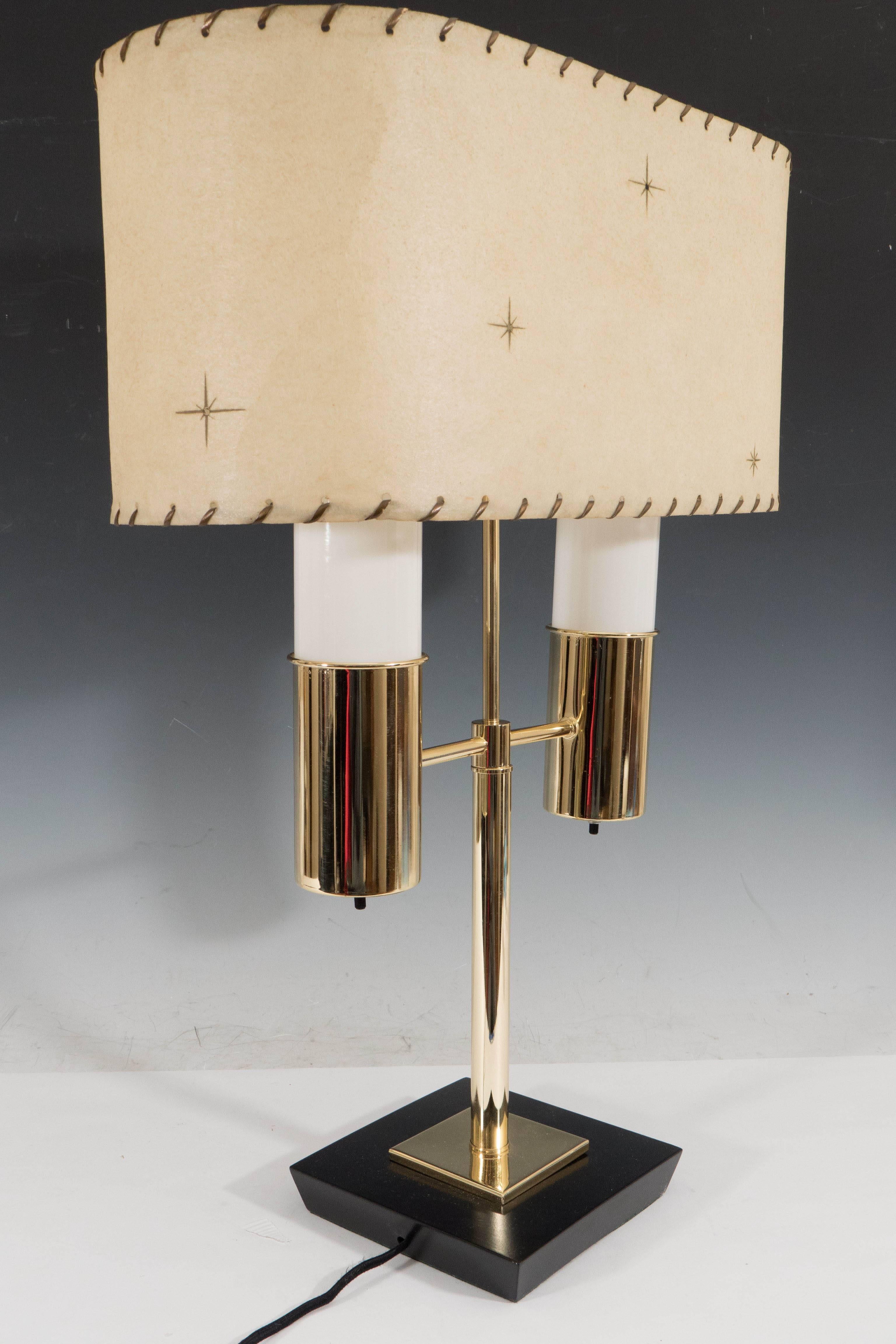 Mid-20th Century Rare Dual Light Table Lamp with Milk Glass Adornments & Parchment Shade