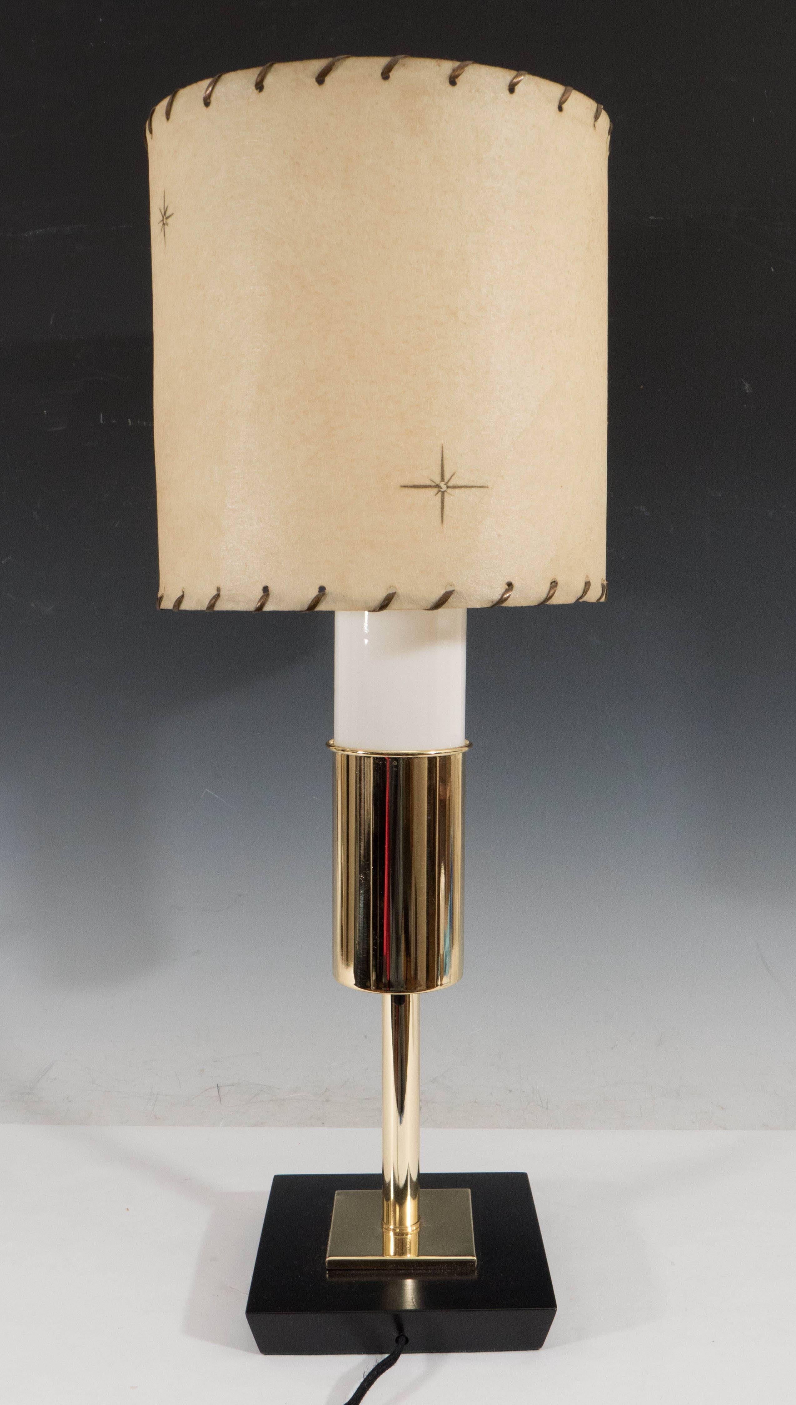 Brass Rare Dual Light Table Lamp with Milk Glass Adornments & Parchment Shade