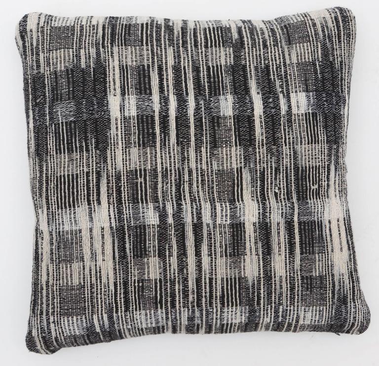 Indian Hand Woven Pillow. Black and White. Linen and Silk. For Sale at