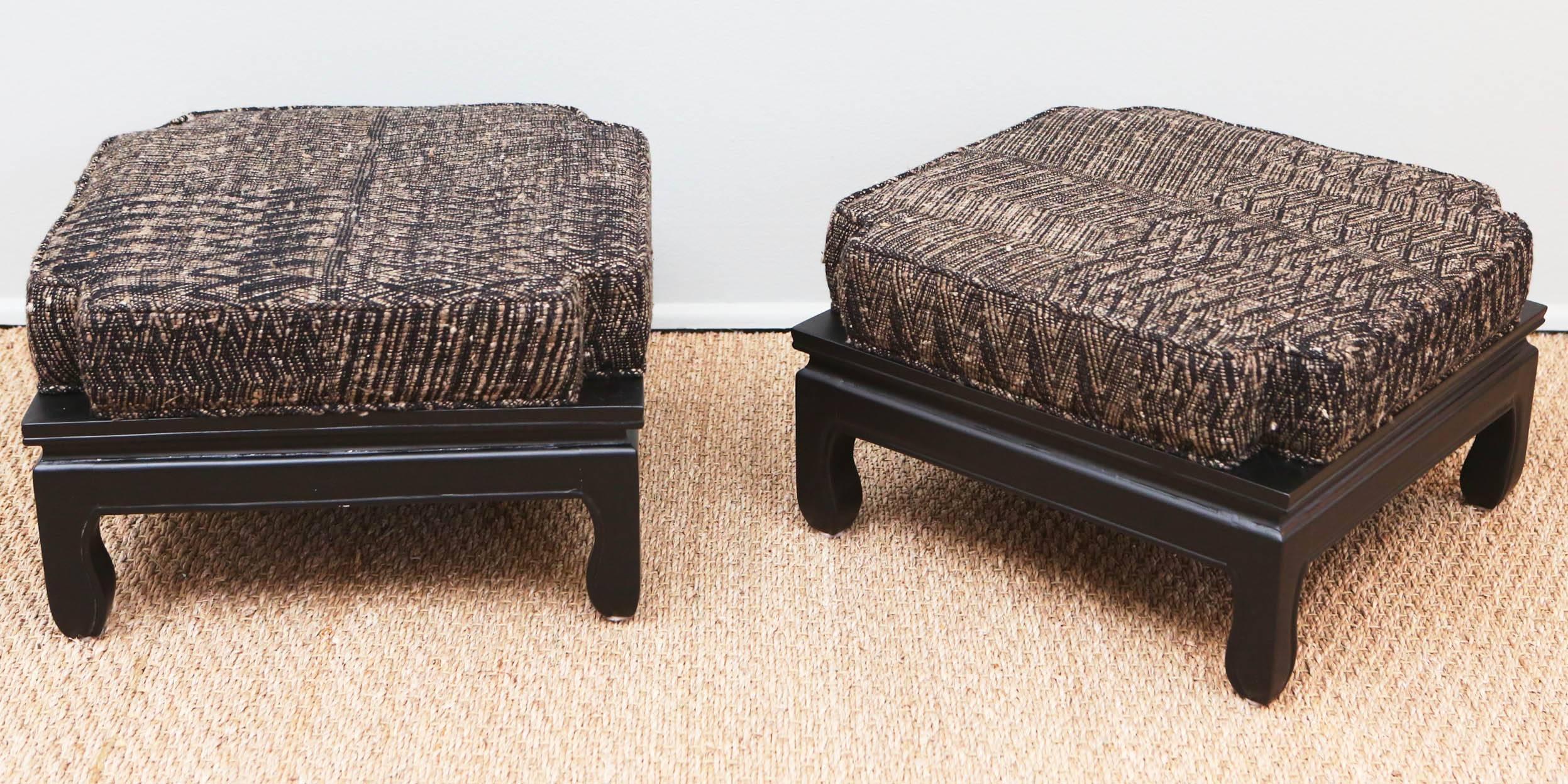 Can stack up to four.  Ebonized finish and newly upholstered in our hand woven raw silk and wool *.