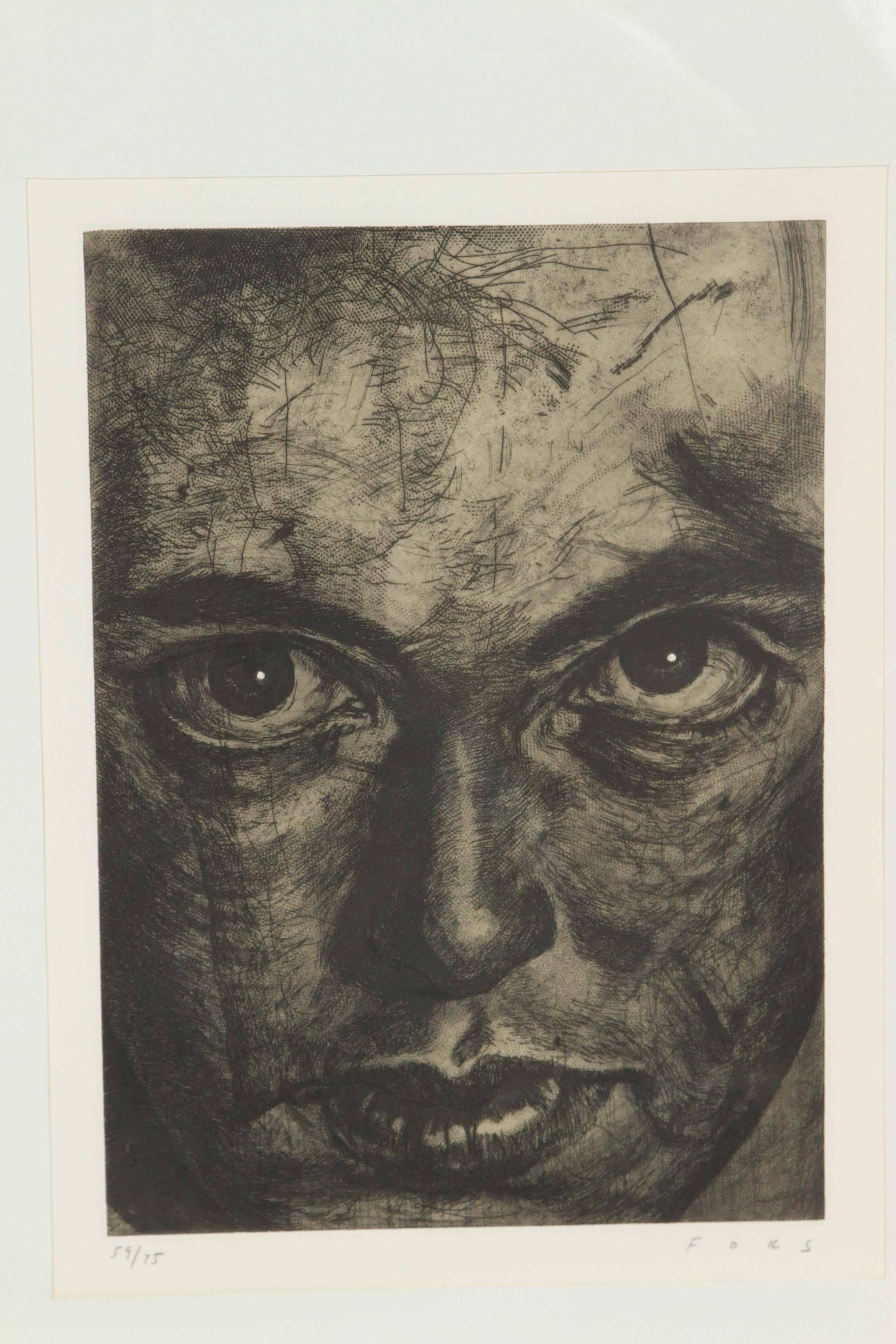 Newly framed self portrait intaglio etching by Cuban artist Jose Manuel Fors.