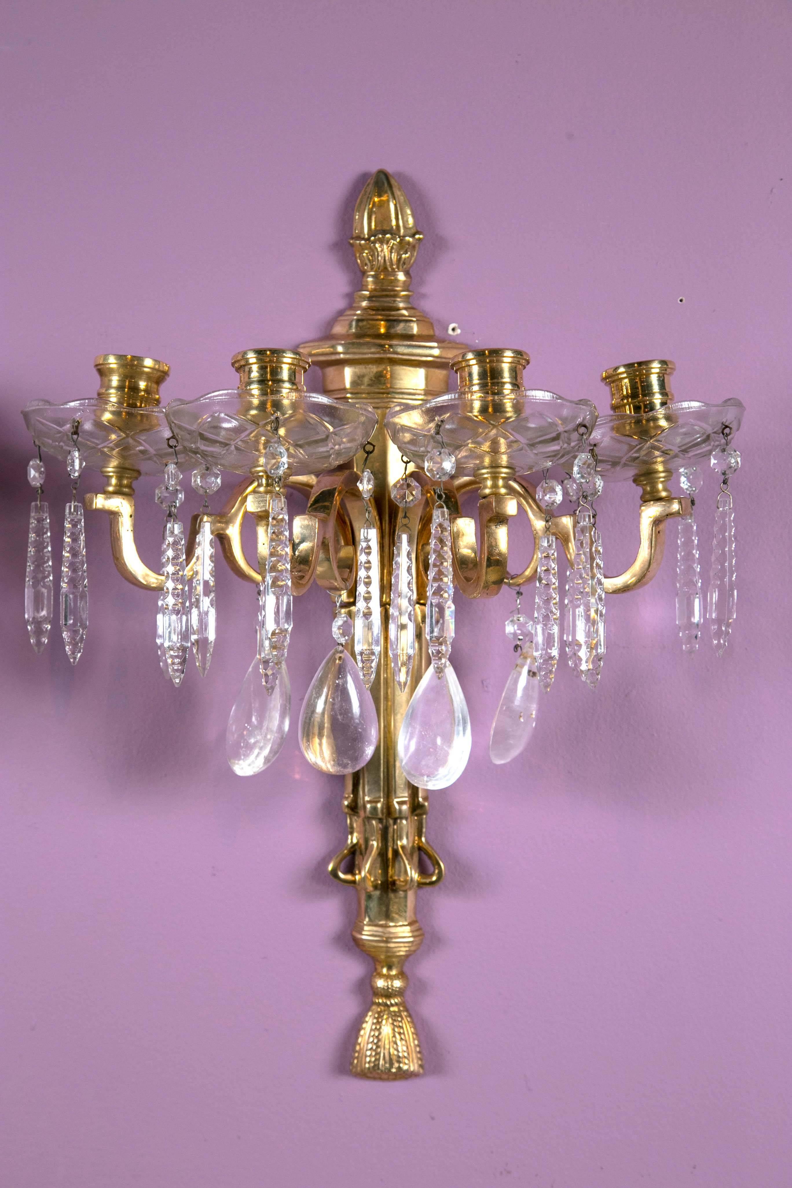 Lovely pair of Caldwell sconces gilt bronze with rock crystal drops.
Four pair available. Priced per pair.