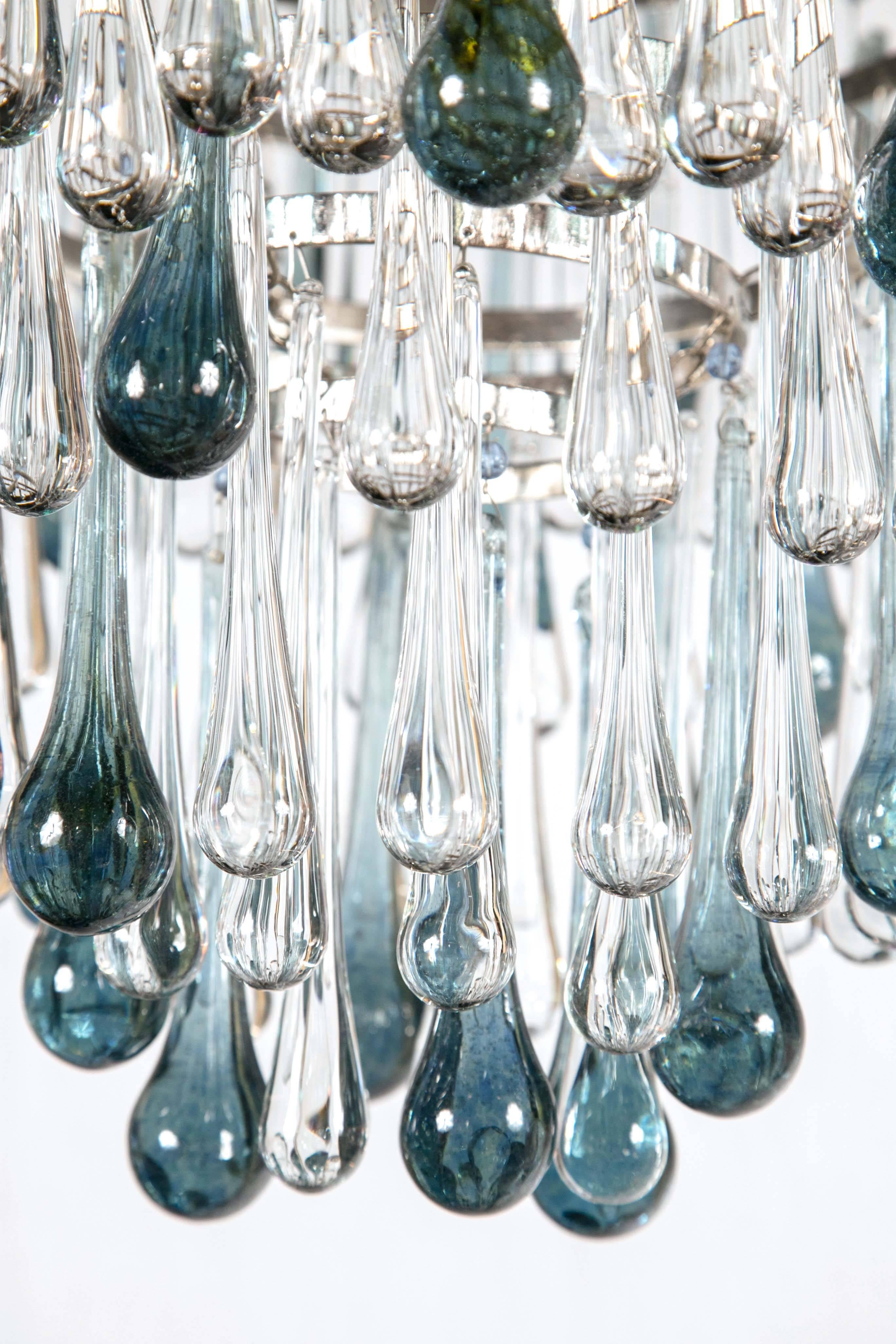Italian Murano Glass Chandelier with Blue Drops For Sale