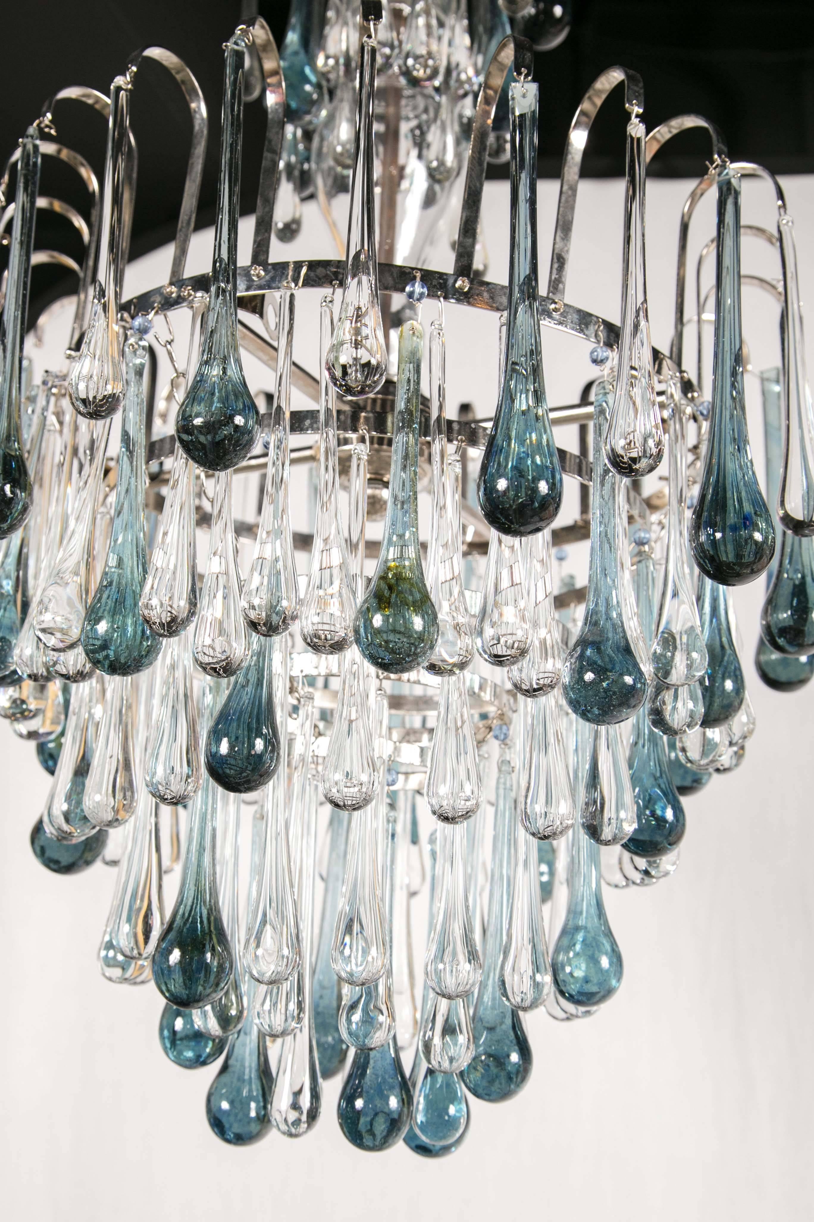 Murano Glass Chandelier with Blue Drops In Excellent Condition For Sale In Stamford, CT