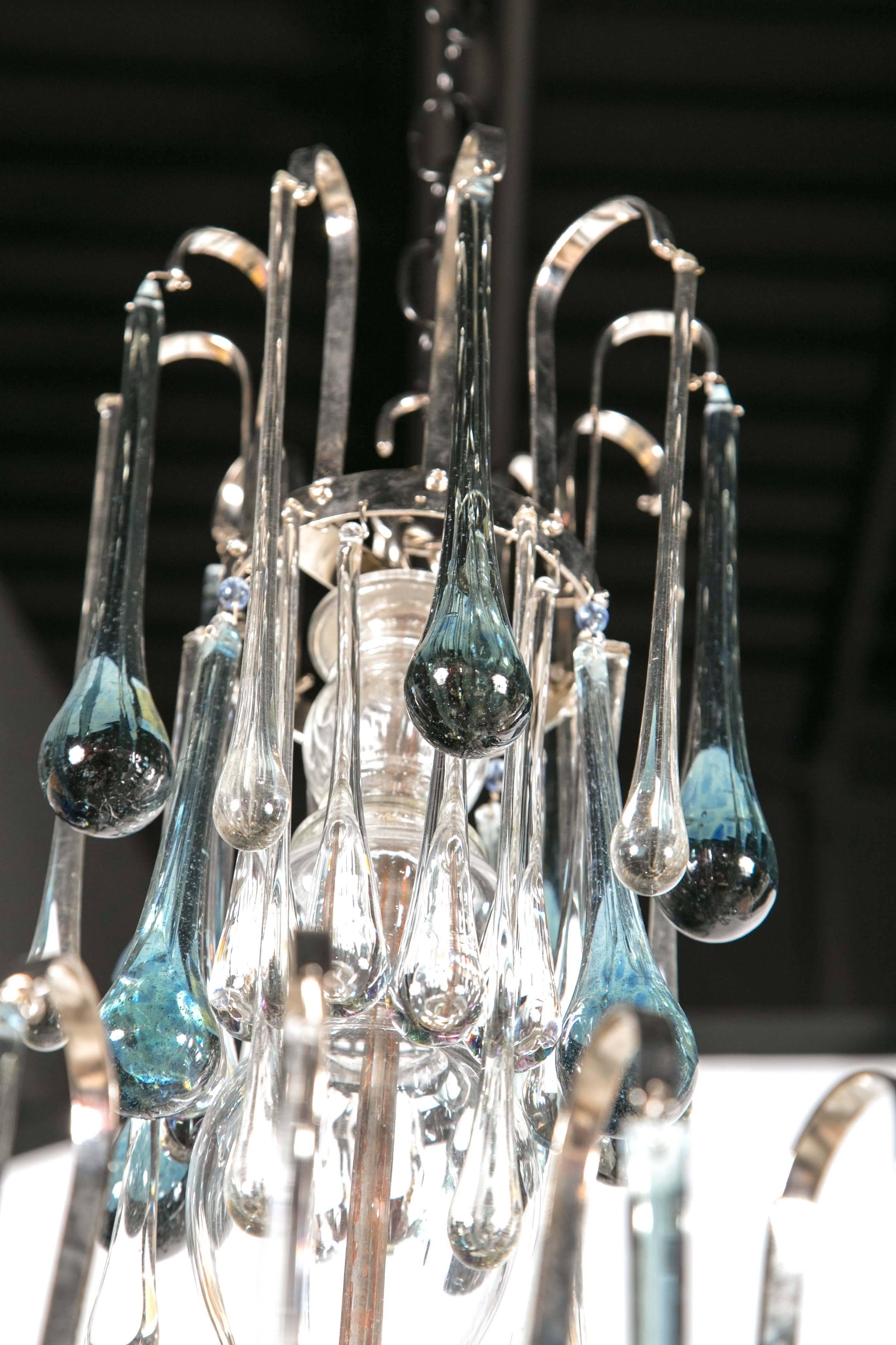 20th Century Murano Glass Chandelier with Blue Drops For Sale