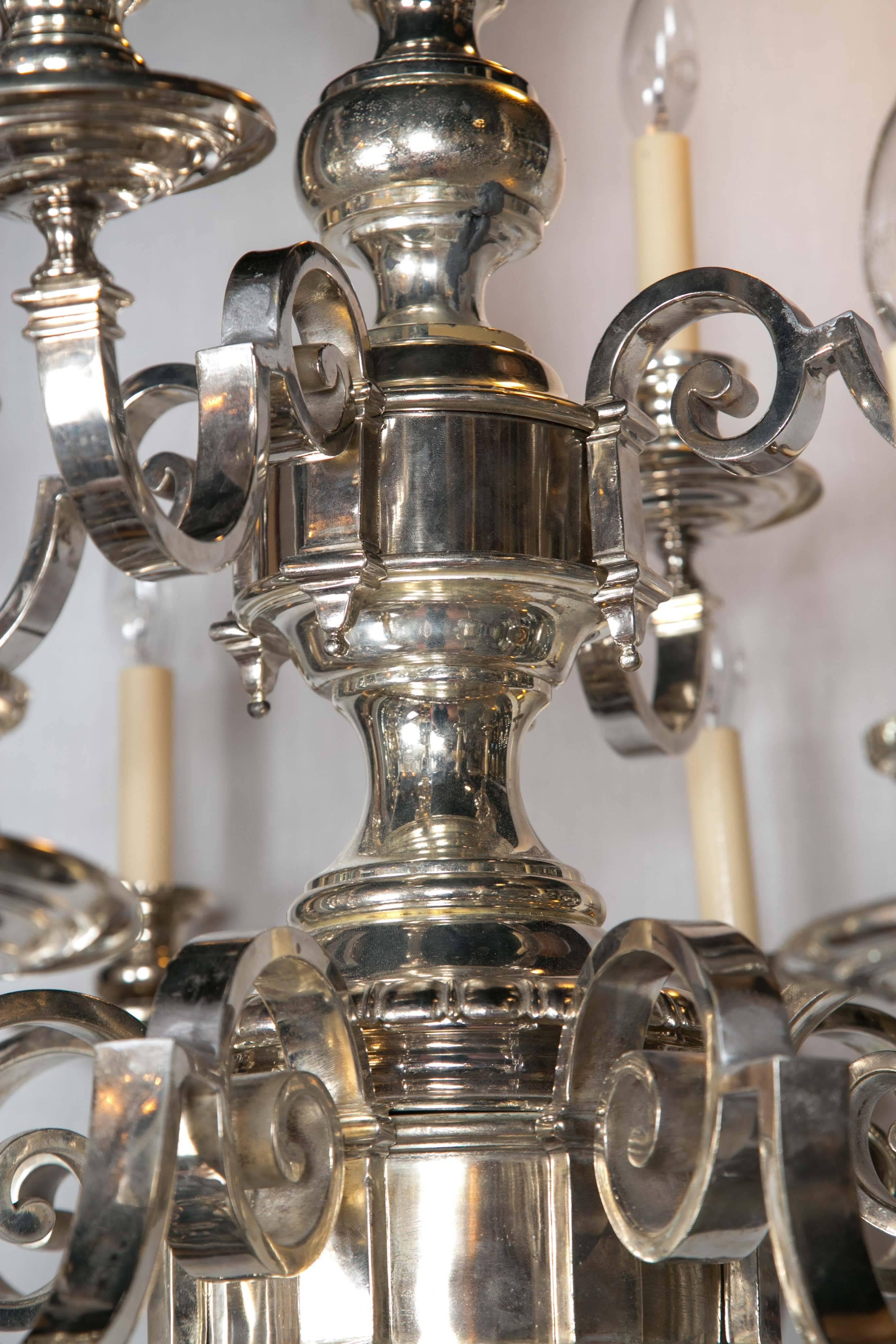 Silver Plated Caldwell Twelve-Light Chandelier In Excellent Condition For Sale In Stamford, CT