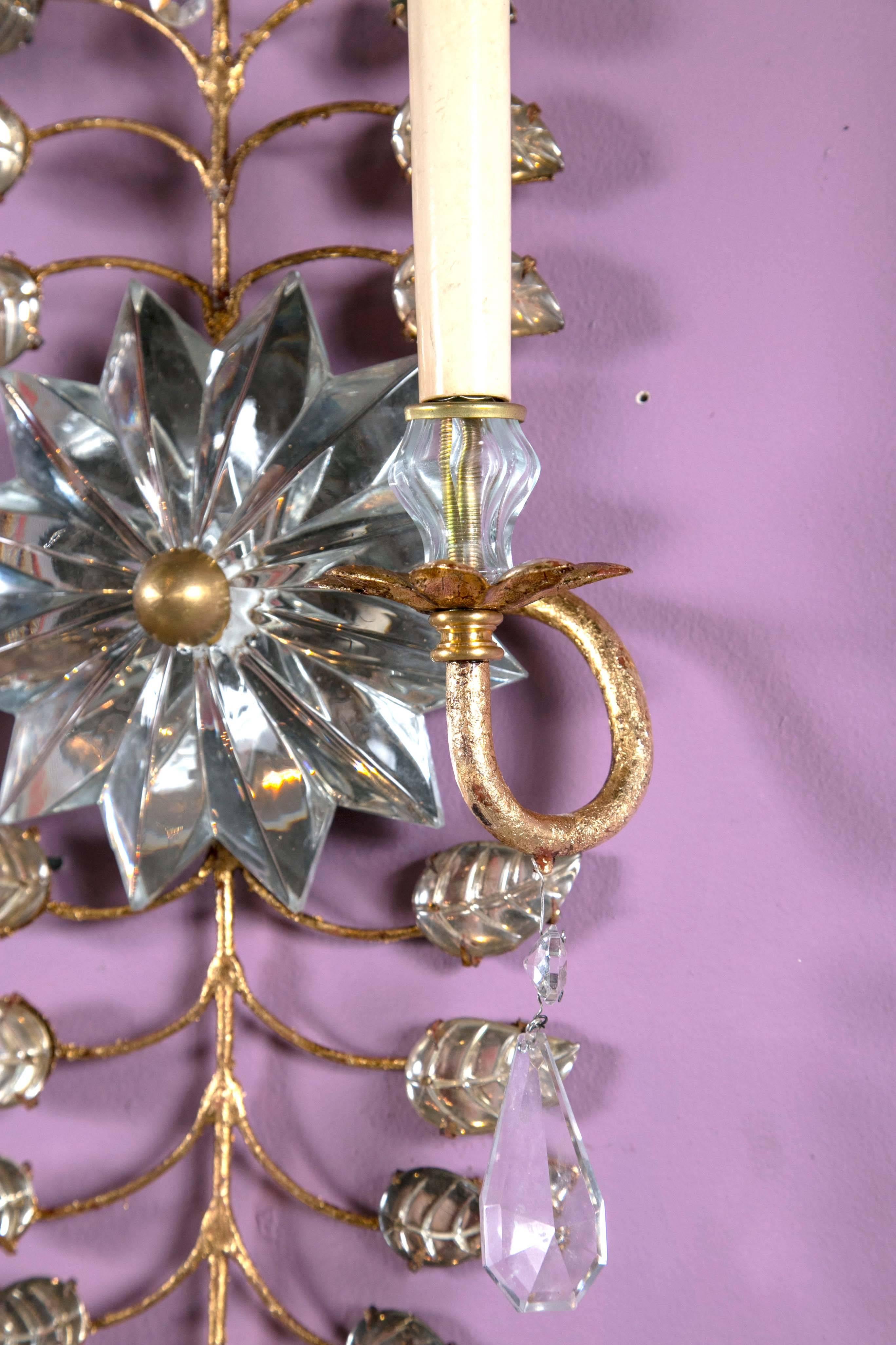 20th Century French Gilt Sconces with Mirrored Crystal Sunburst For Sale