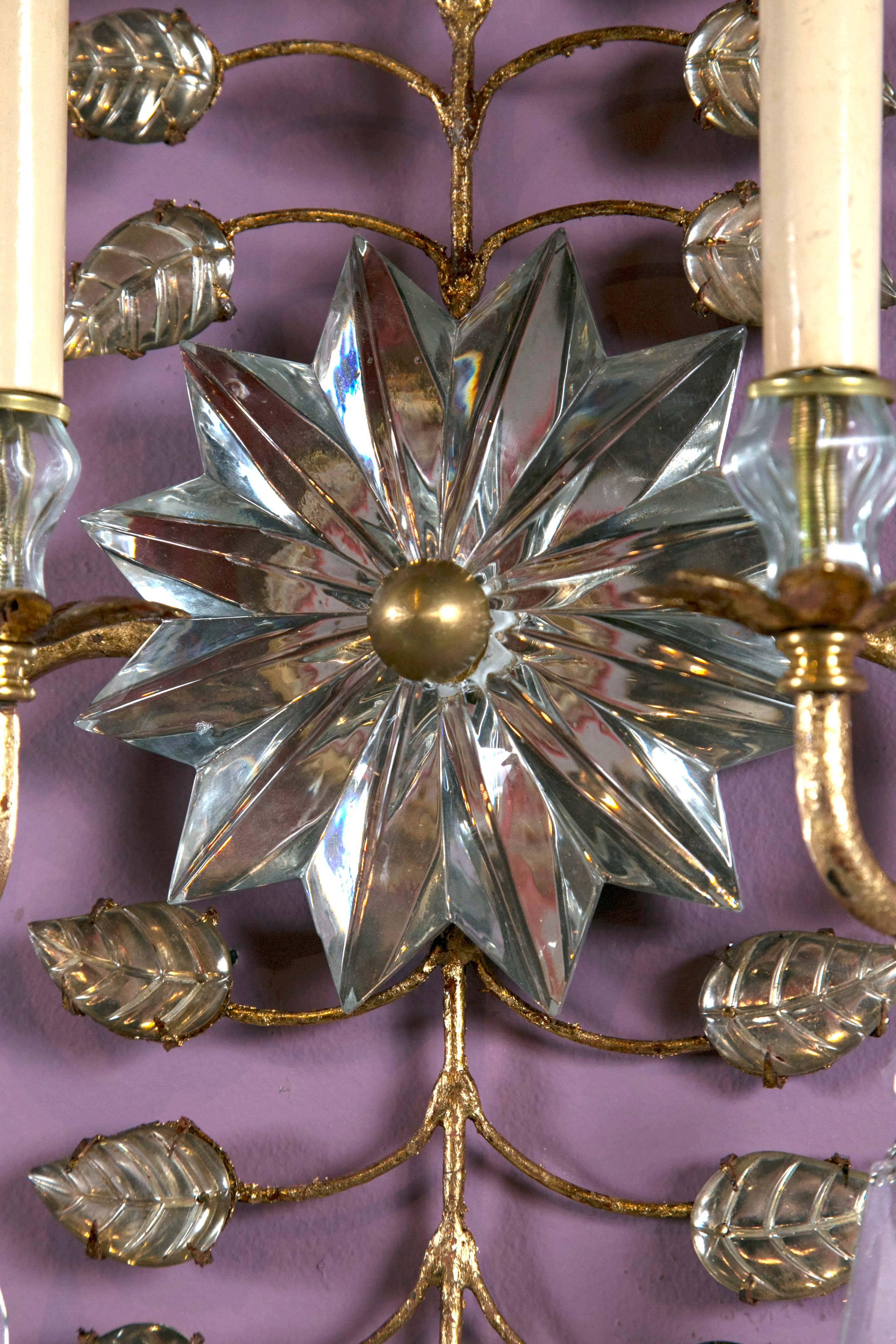 French Gilt Sconces with Mirrored Crystal Sunburst For Sale 1