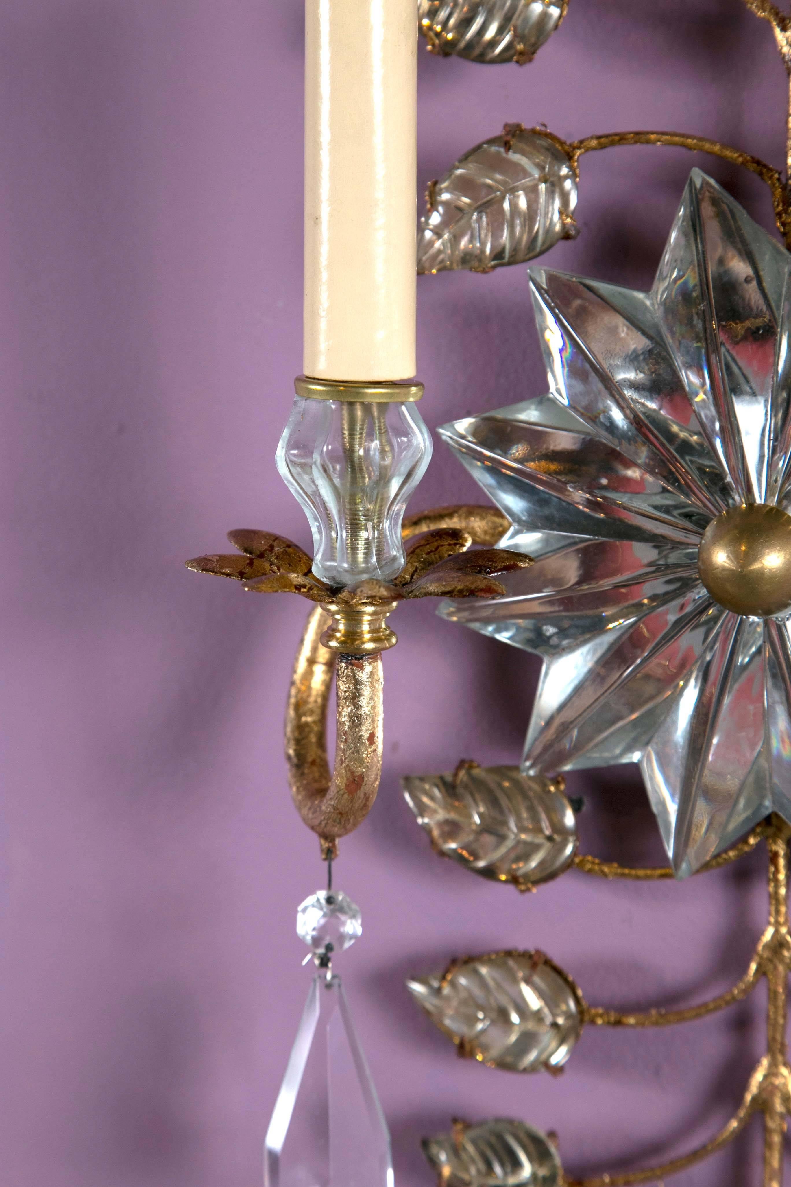 French Gilt Sconces with Mirrored Crystal Sunburst For Sale 4