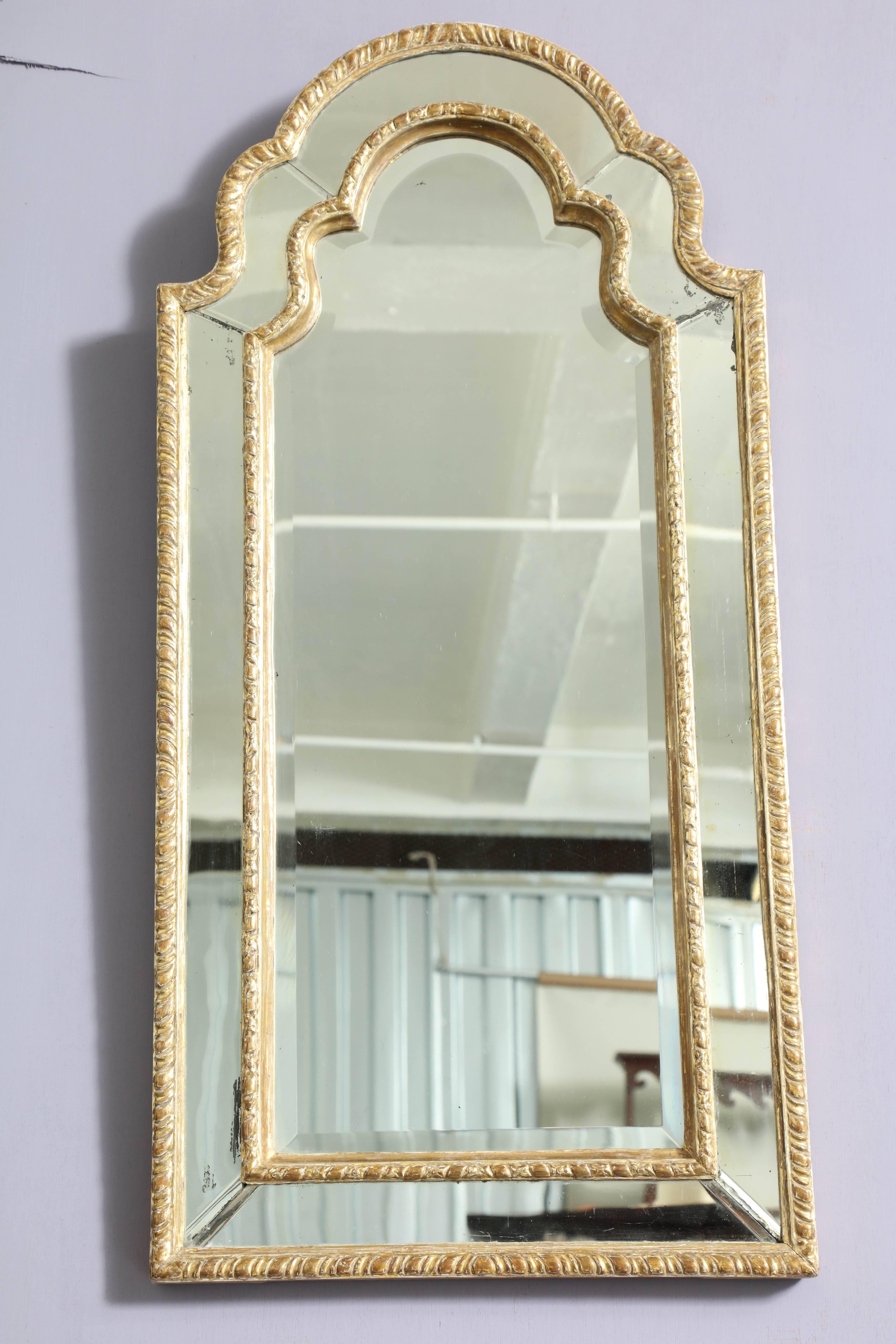 European Queen Anne Arched Giltwood Border Glass Mirror