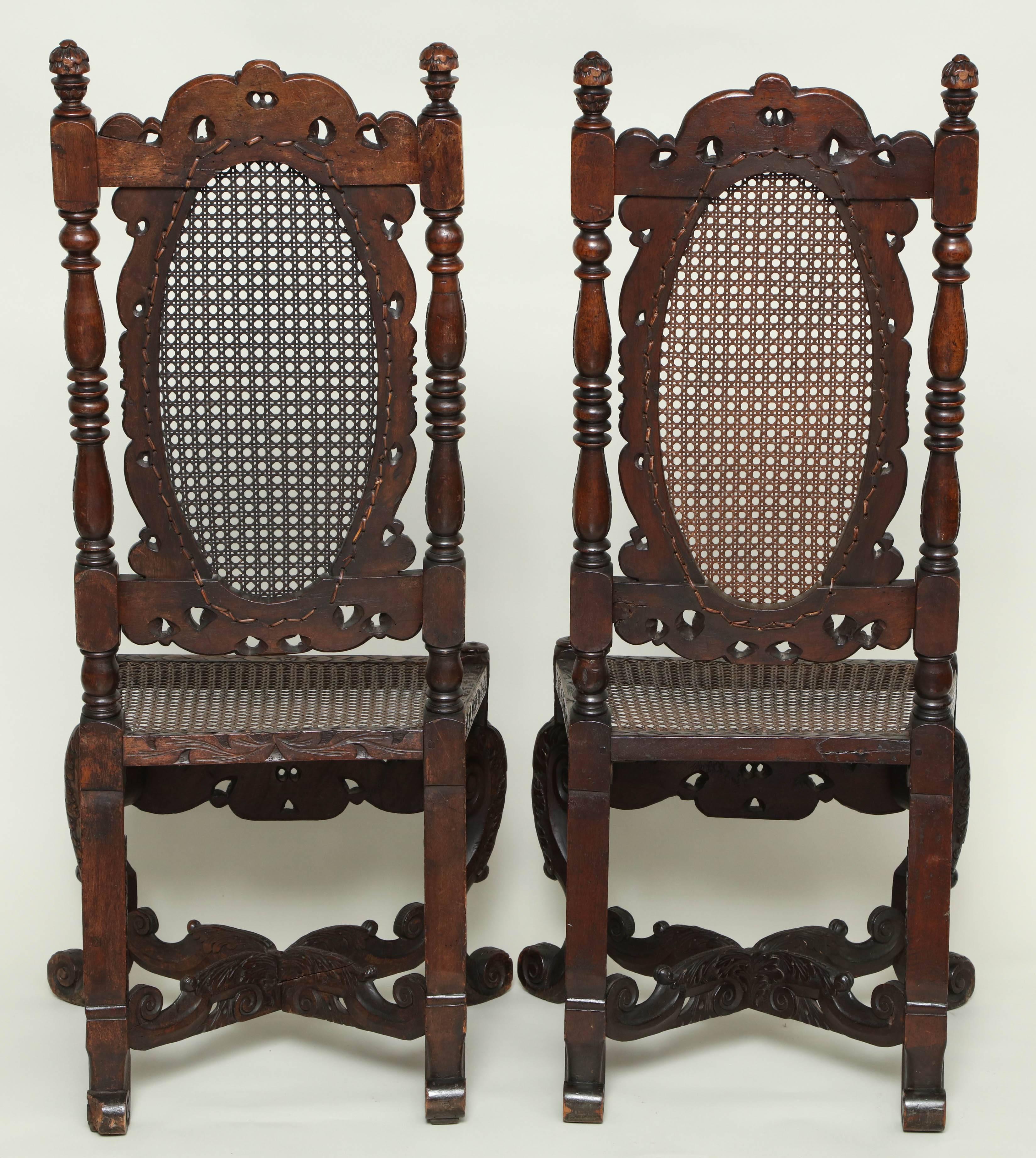 Rare Pair of James II Walnut Hall Chairs For Sale 5