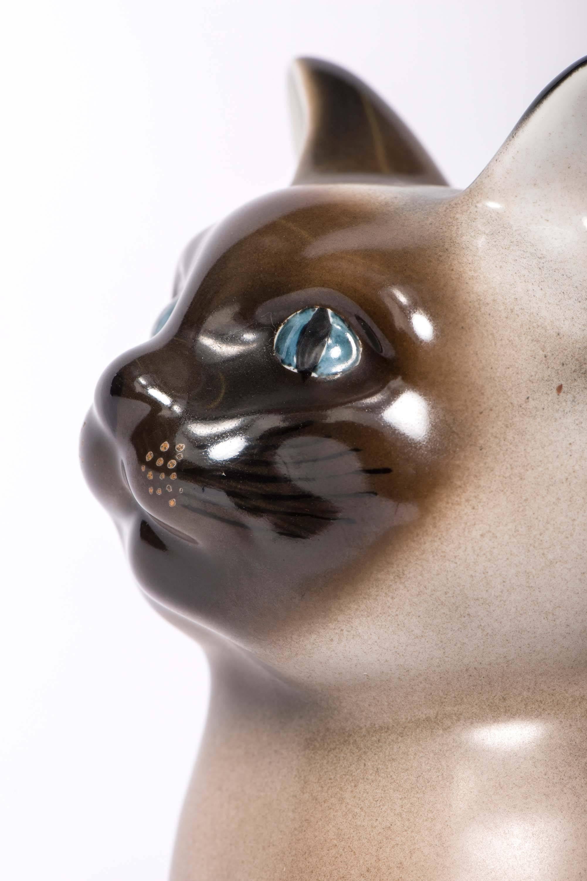 Italian Porcelain Model of a Seated Siamese Cat by Piero Fornasetti