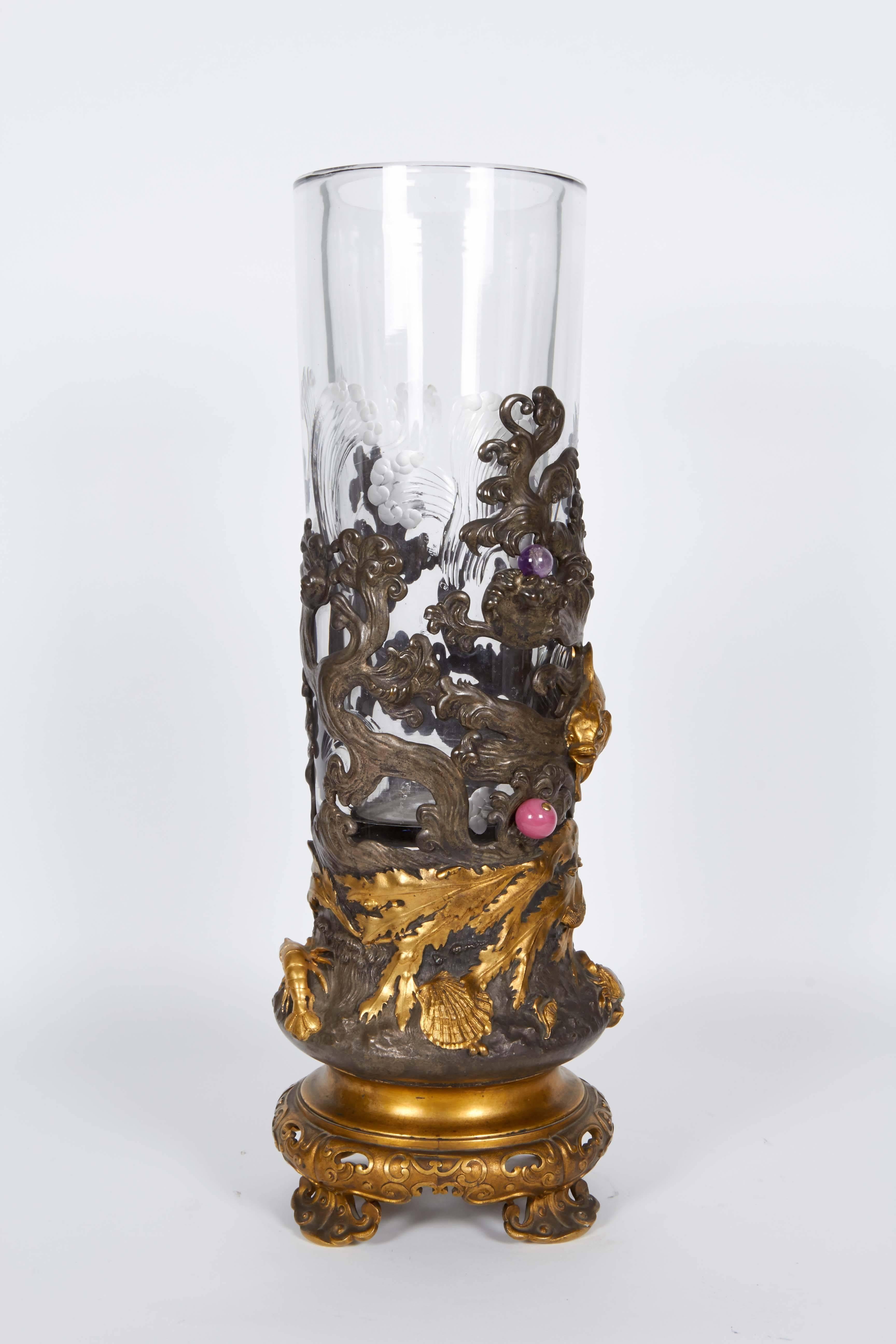 French Japonisme Ormolu and Silvered Bronze Cut Glass Vase L'Escalier De Cristal 3